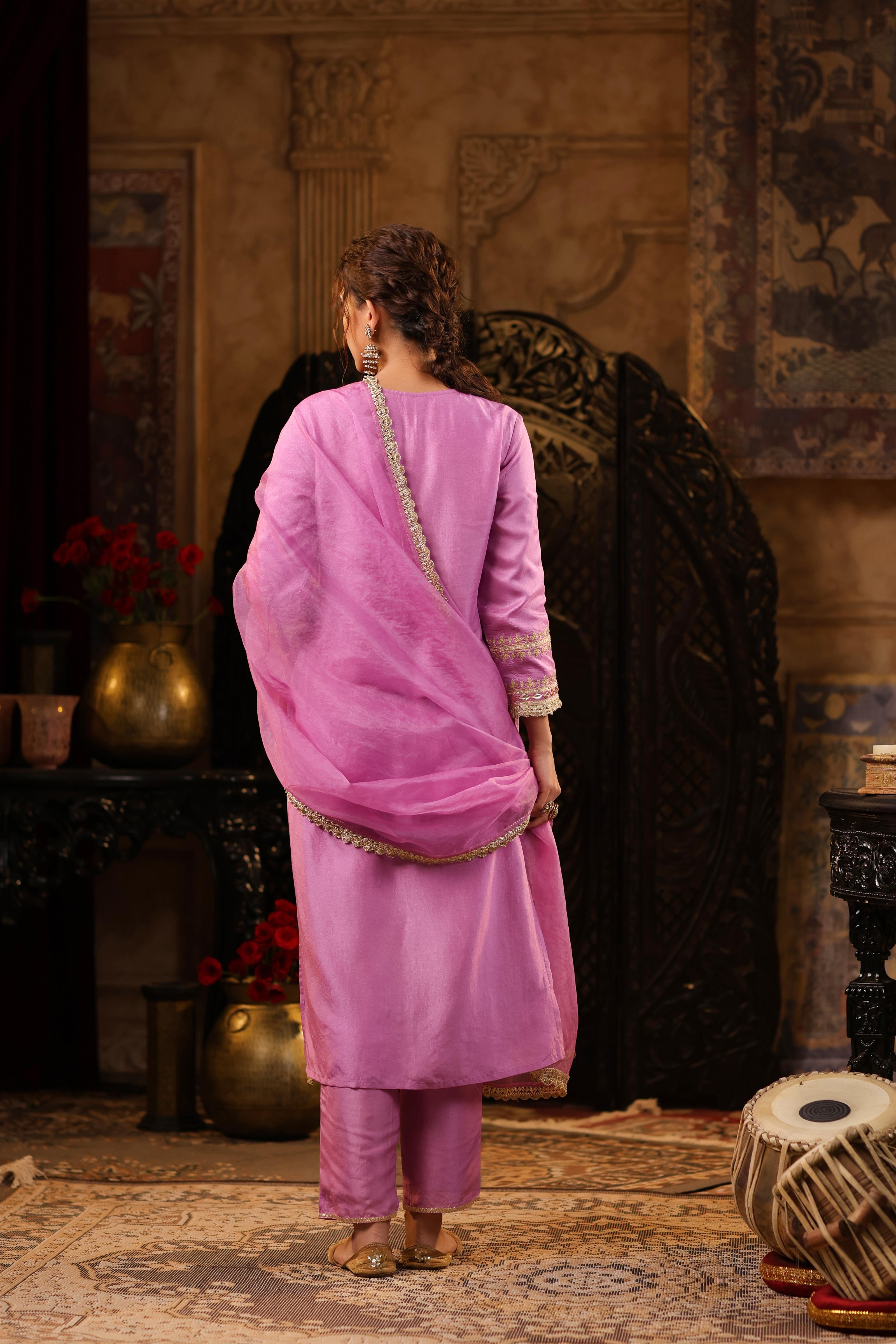 Mauve Dupion Silk Gota-Dori Embroidered Suit Set