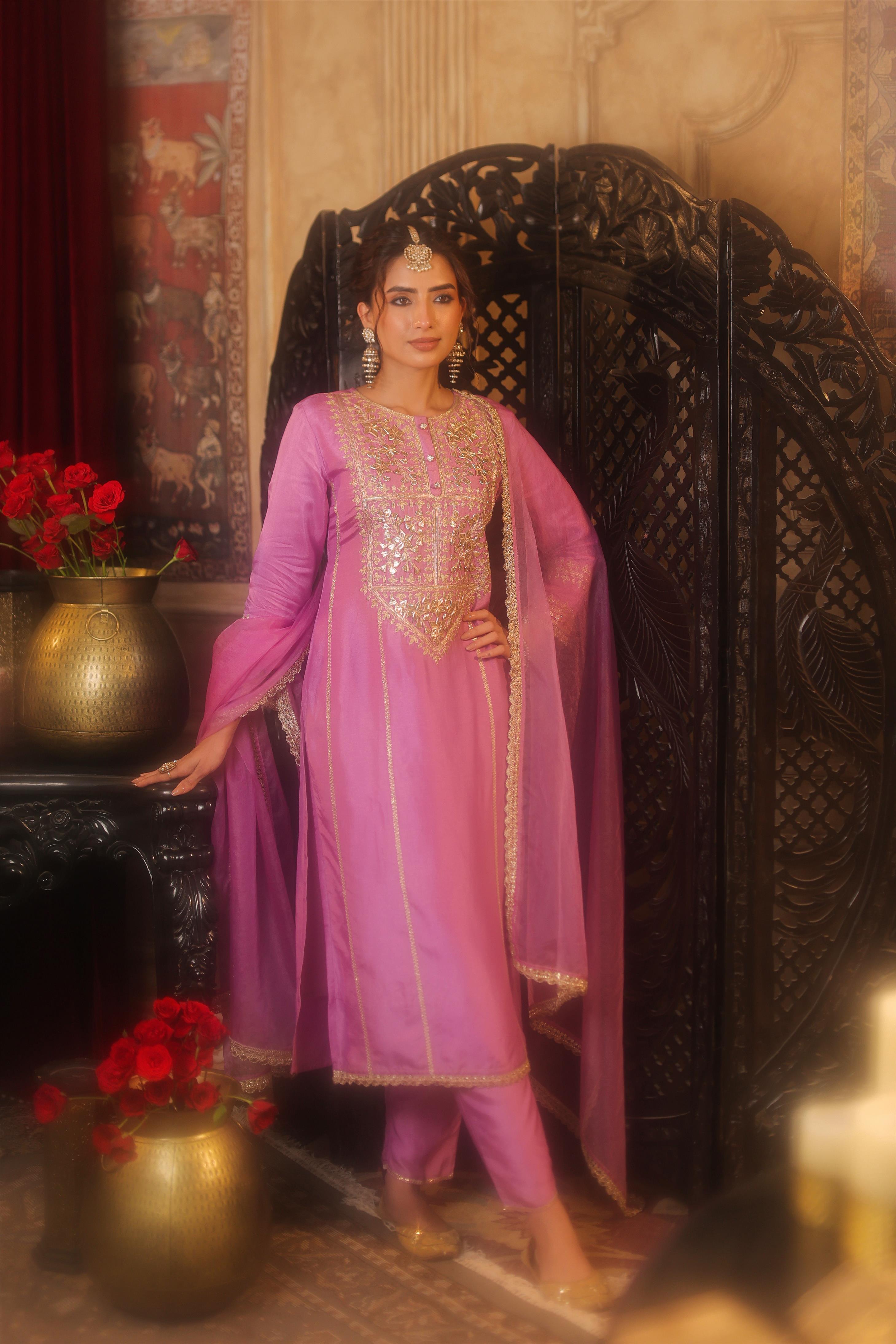 Mauve Dupion Silk Gota-Dori Embroidered Suit Set