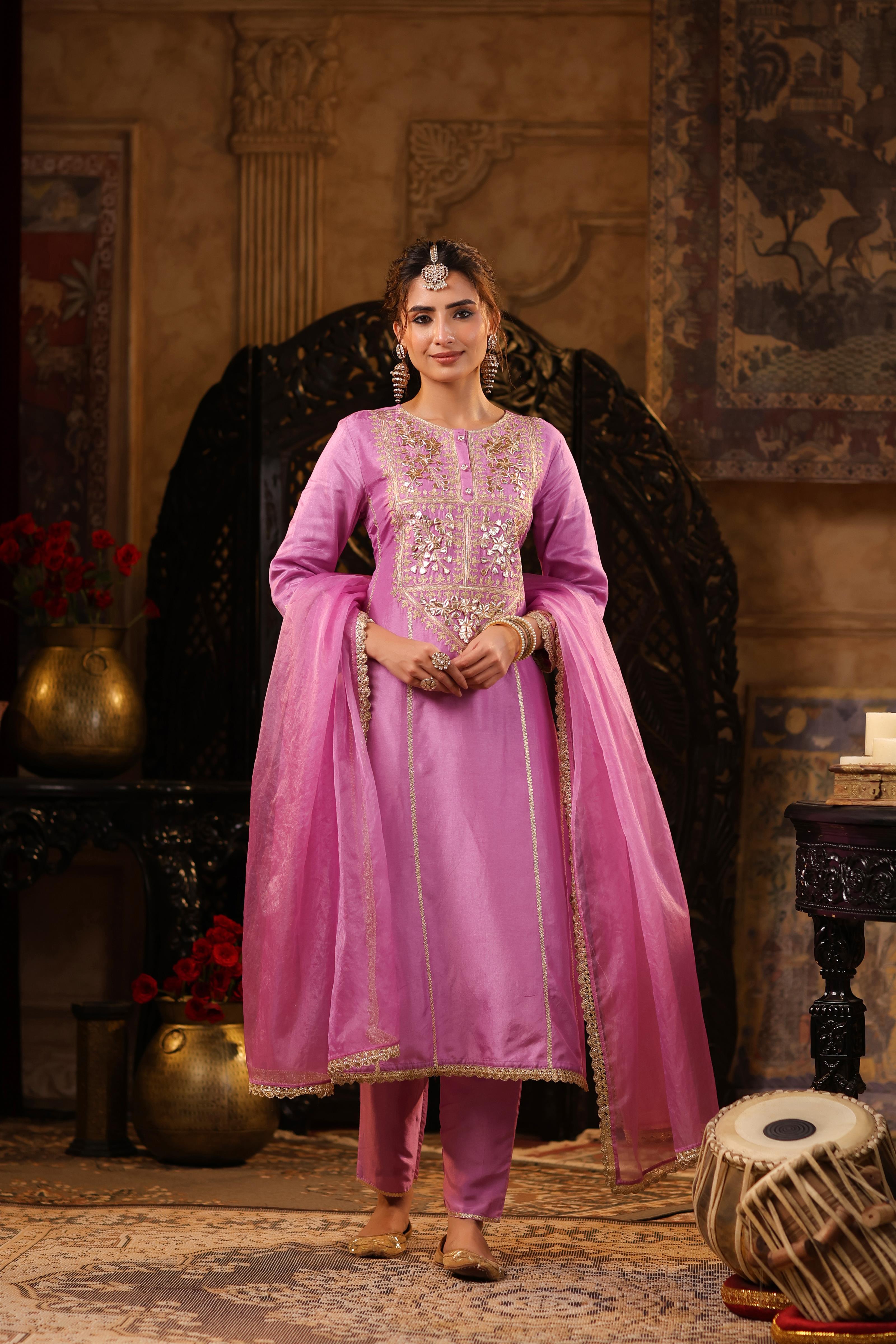 Mauve Dupion Silk Gota-Dori Embroidered Suit Set