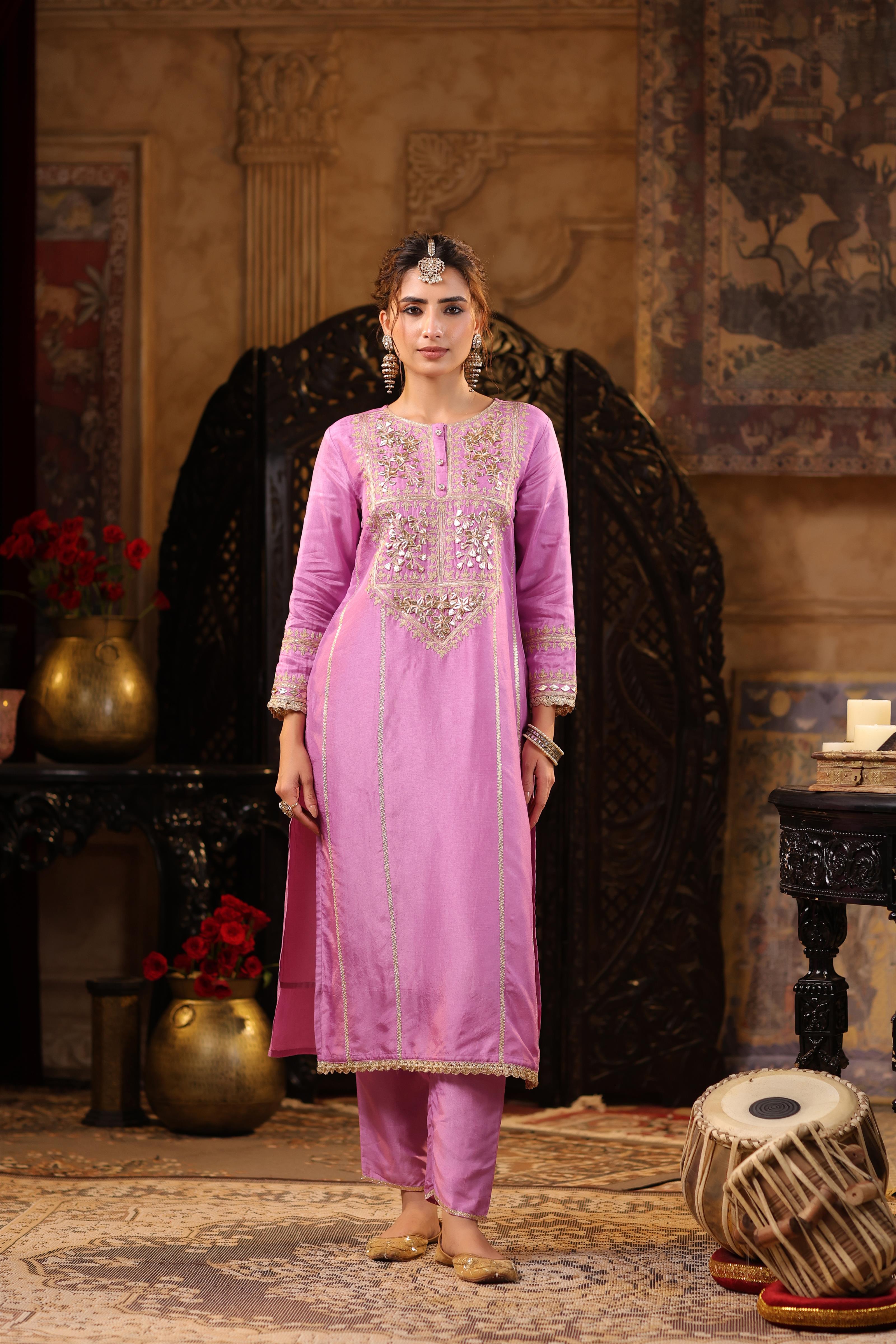 Mauve Dupion Silk Gota-Dori Embroidered Suit Set