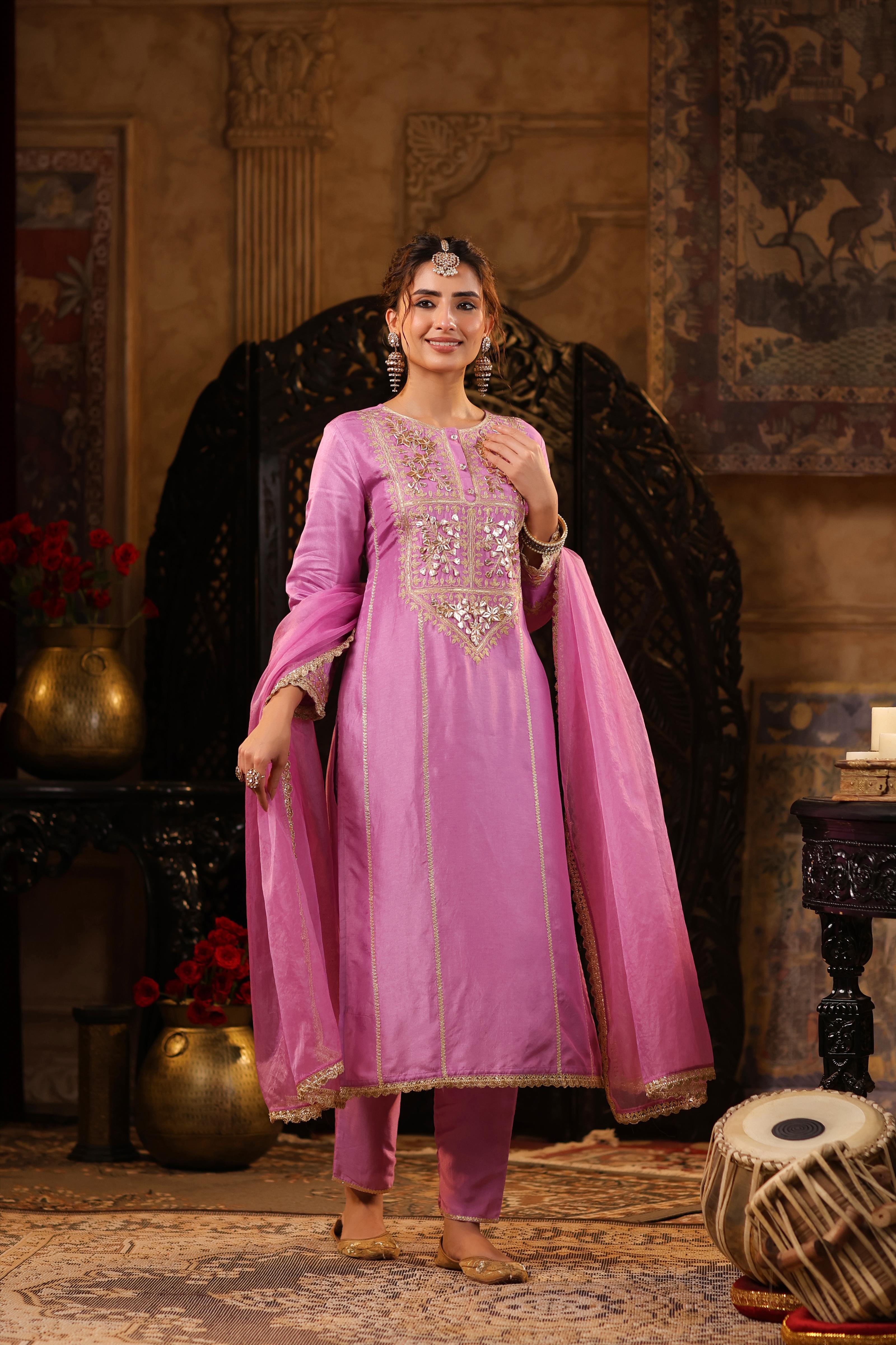 Mauve Dupion Silk Gota-Dori Embroidered Suit Set