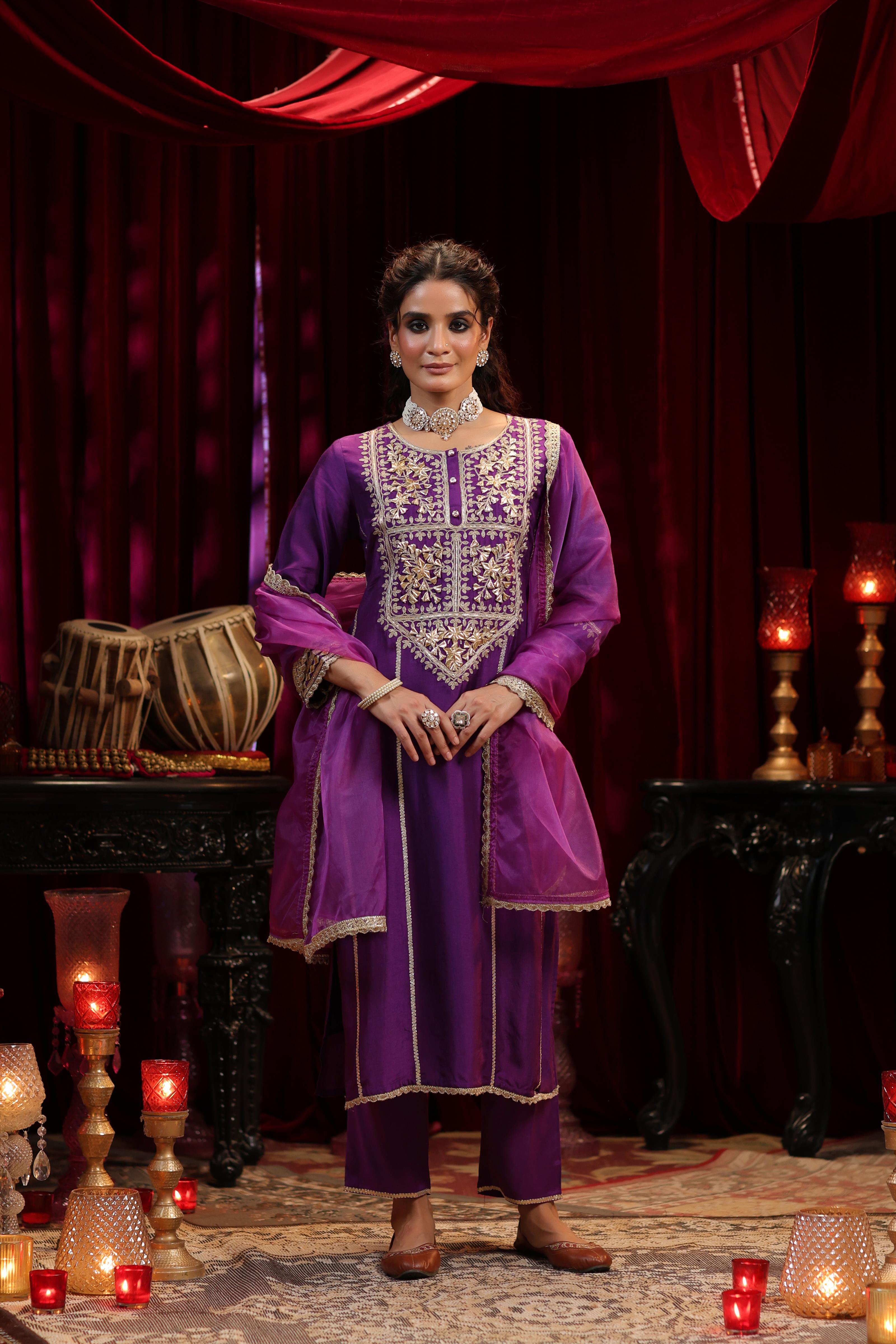 Purple Dupion Silk Gota-Dori Embroidered Suit Set