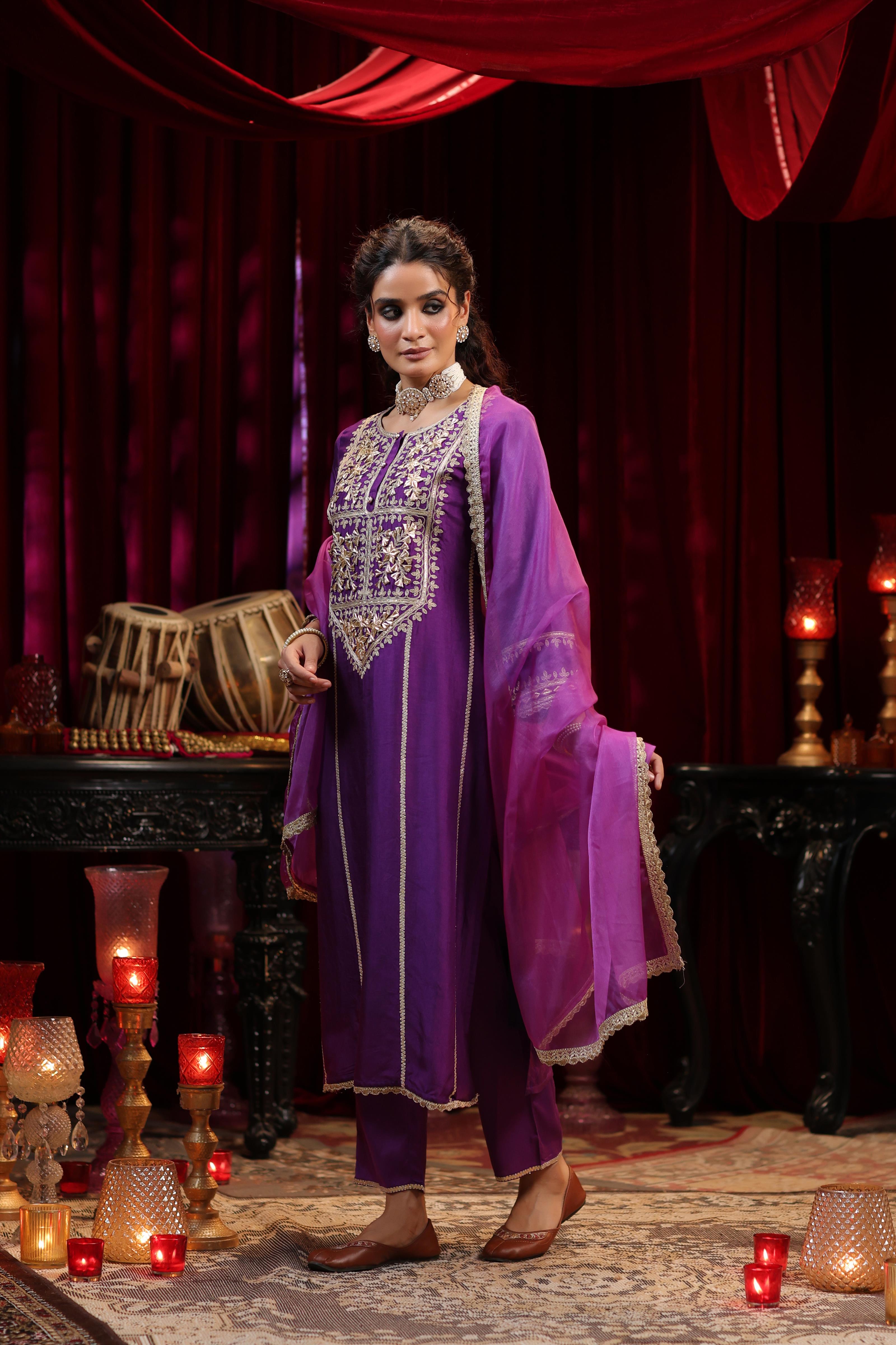 Purple Dupion Silk Gota-Dori Embroidered Suit Set