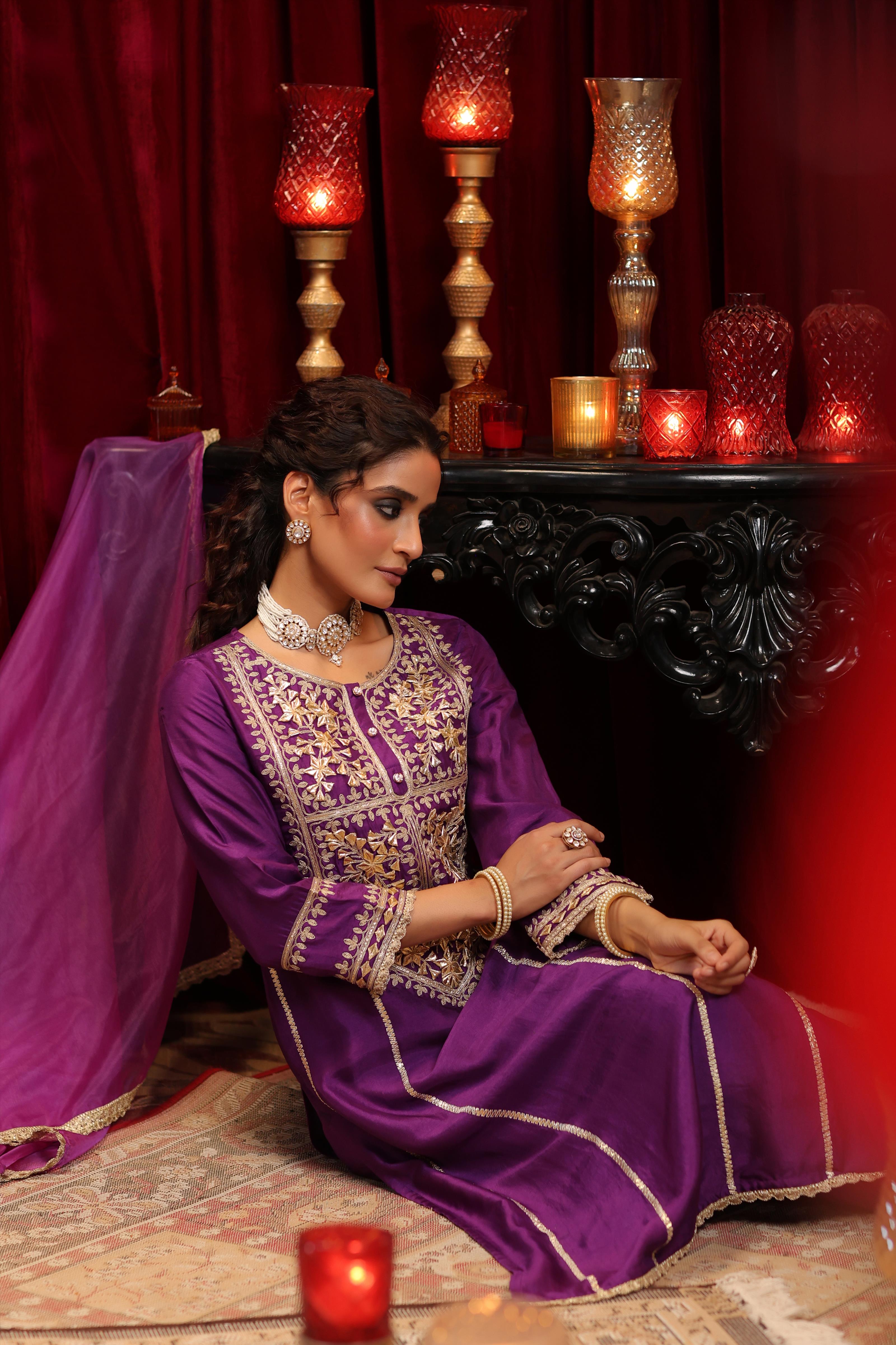 Purple Dupion Silk Gota-Dori Embroidered Suit Set