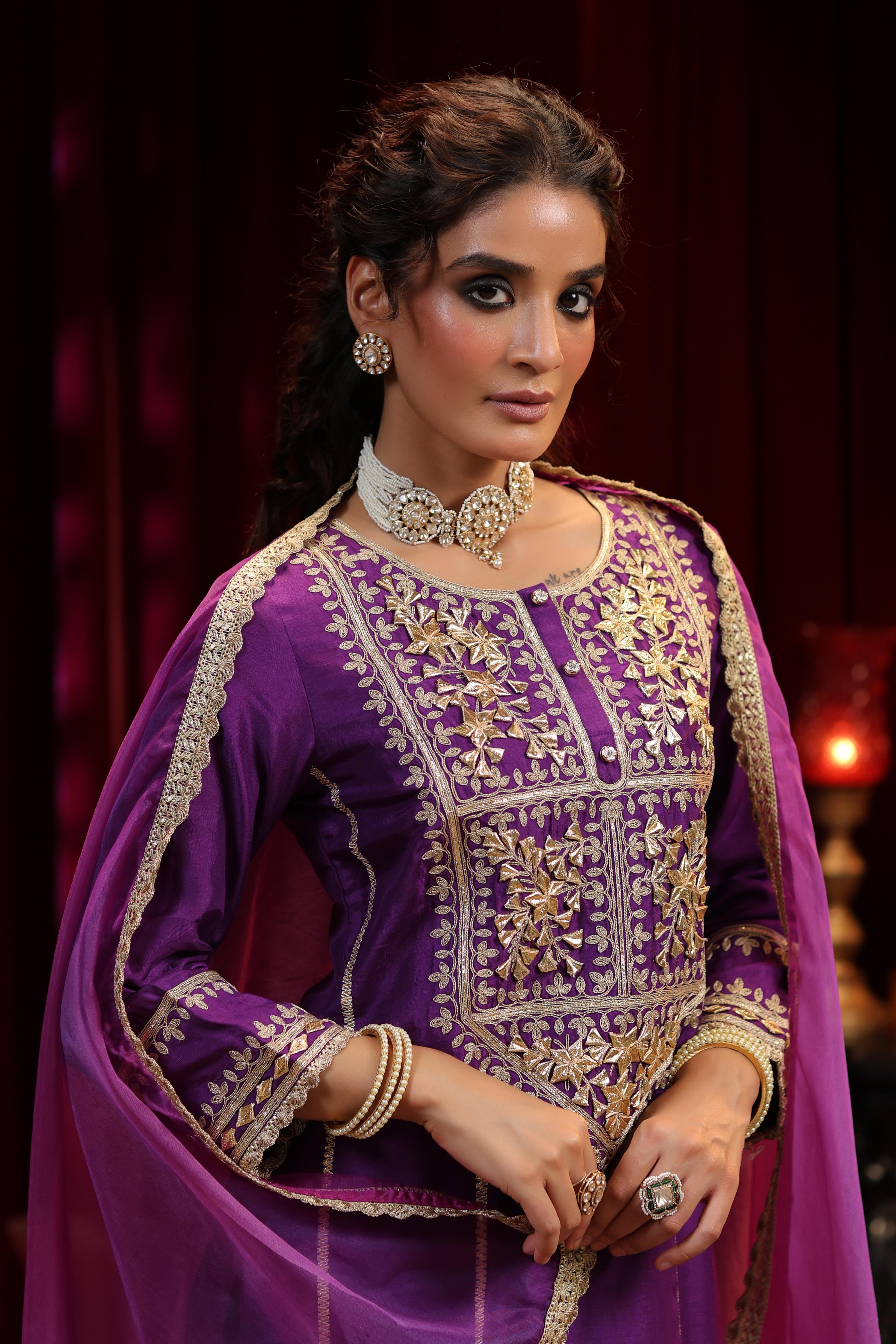 Purple Dupion Silk Gota-Dori Embroidered Suit Set