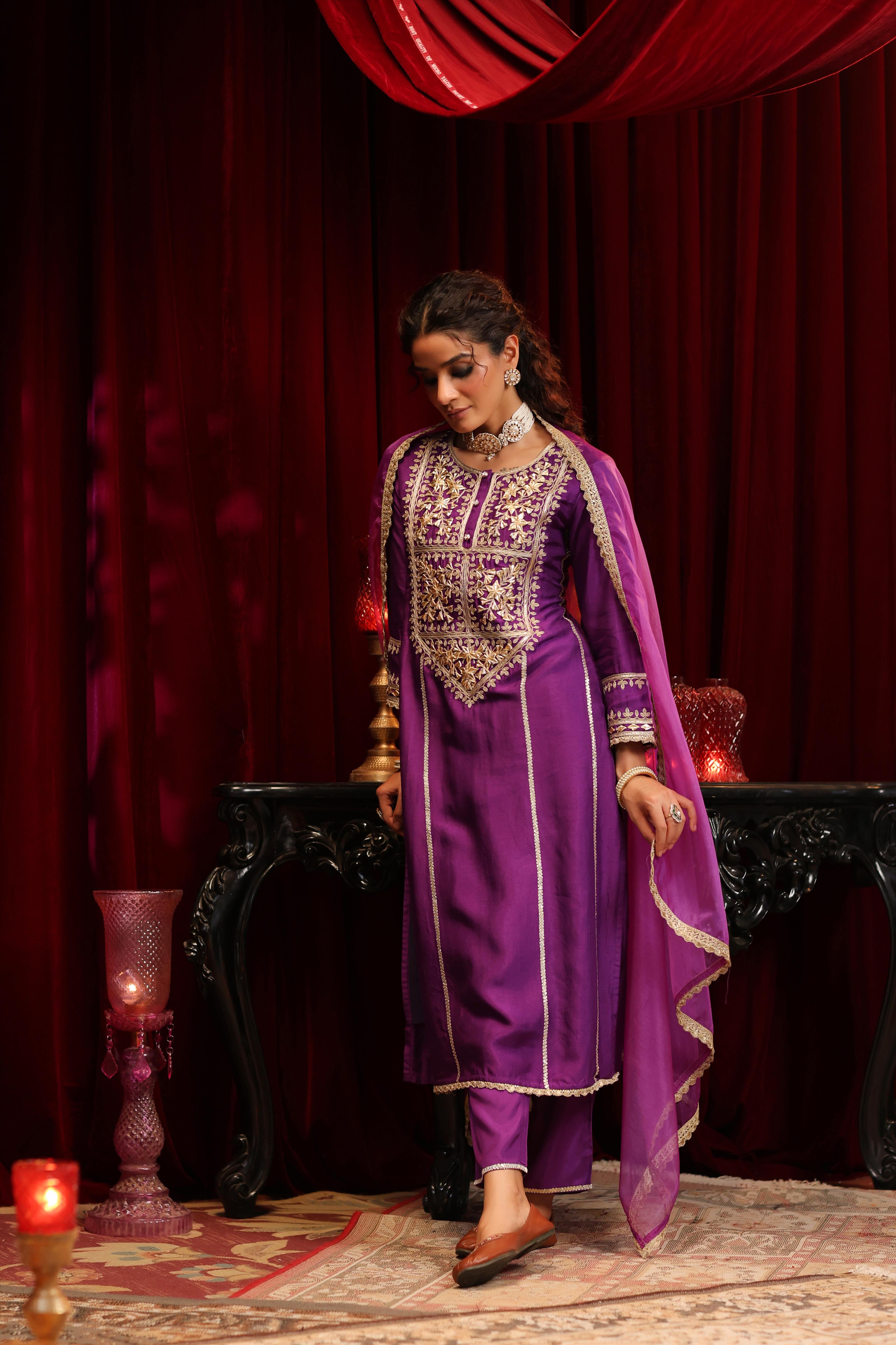 Purple Dupion Silk Gota-Dori Embroidered Suit Set