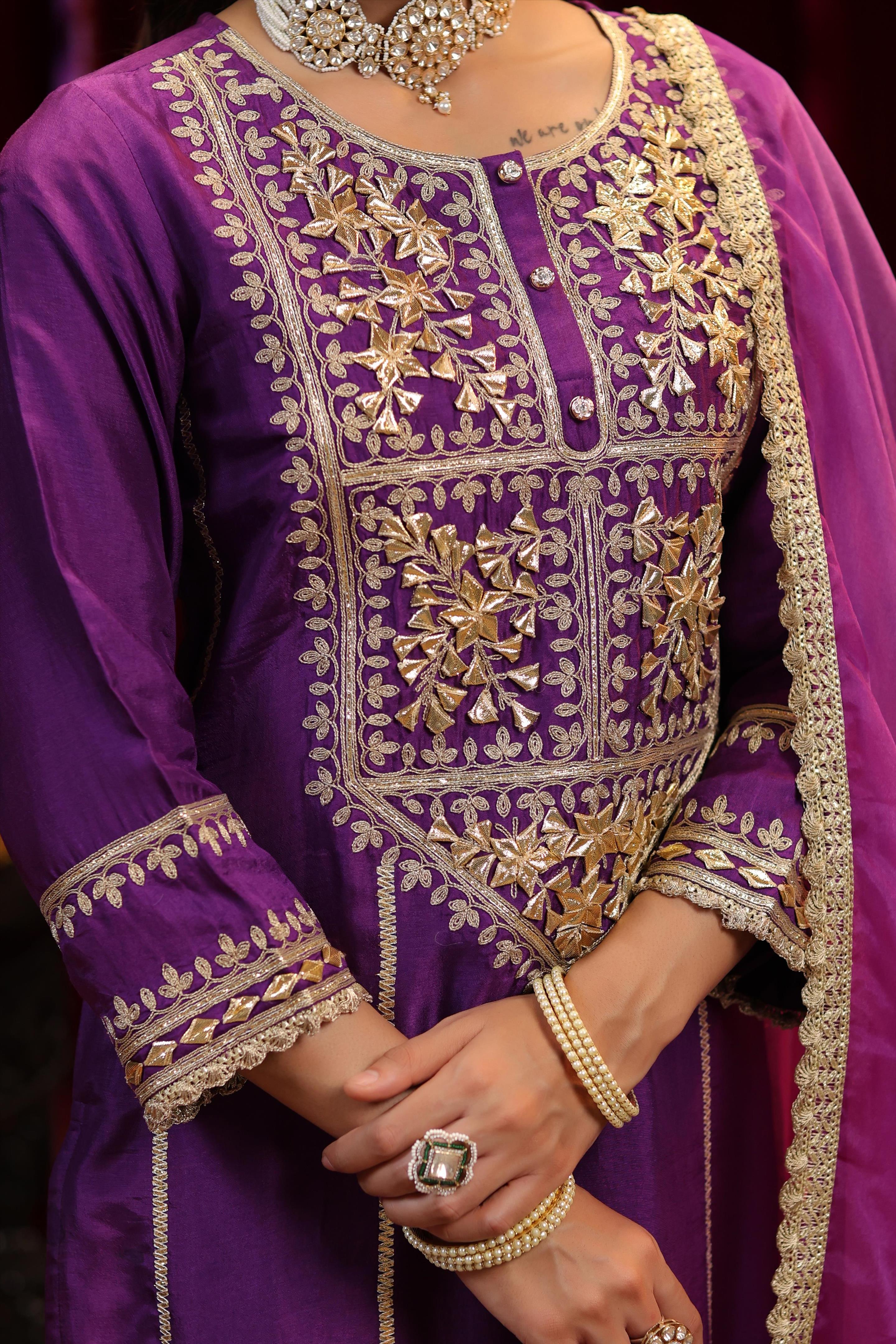 Purple Dupion Silk Gota-Dori Embroidered Suit Set