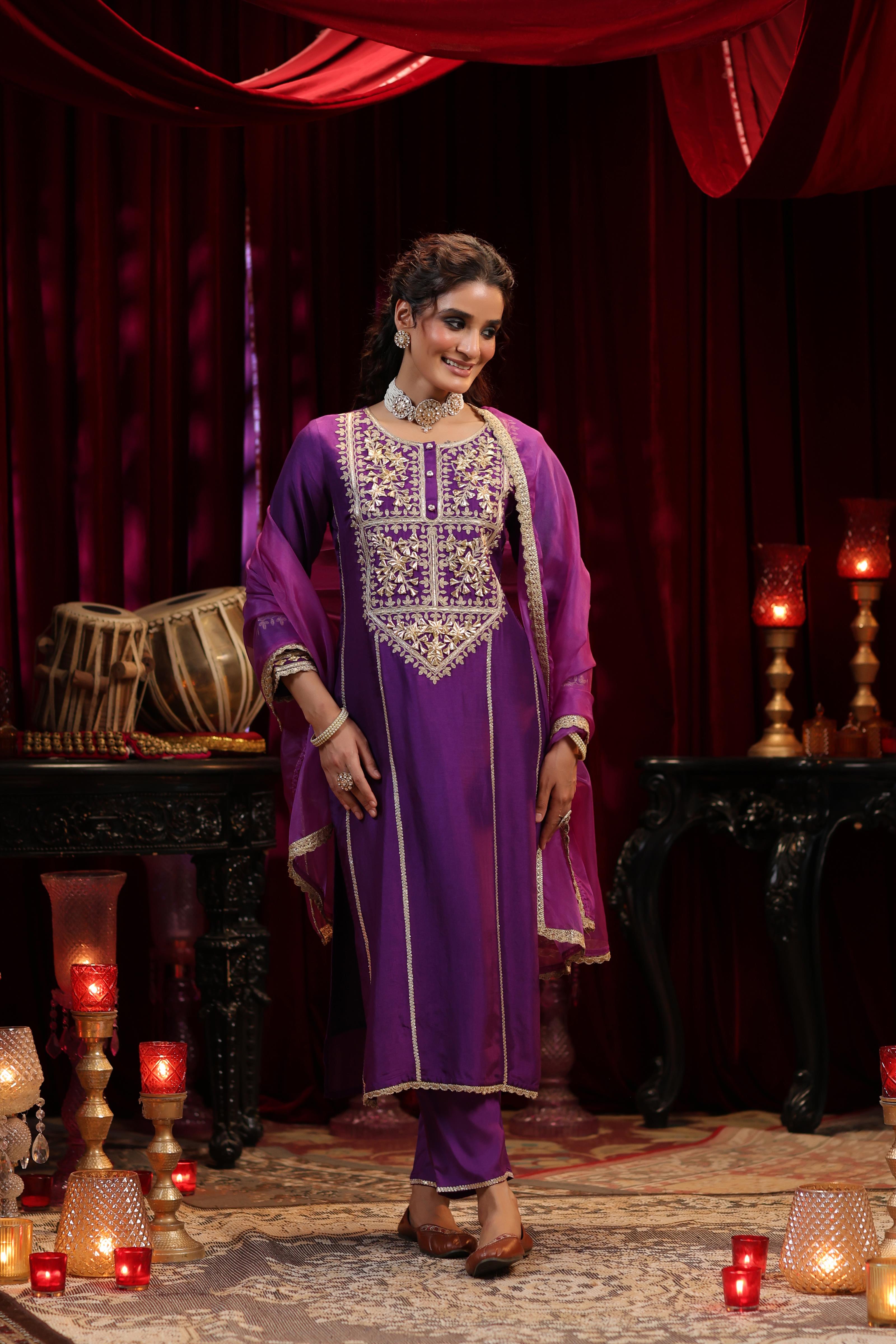 Purple Dupion Silk Gota-Dori Embroidered Suit Set