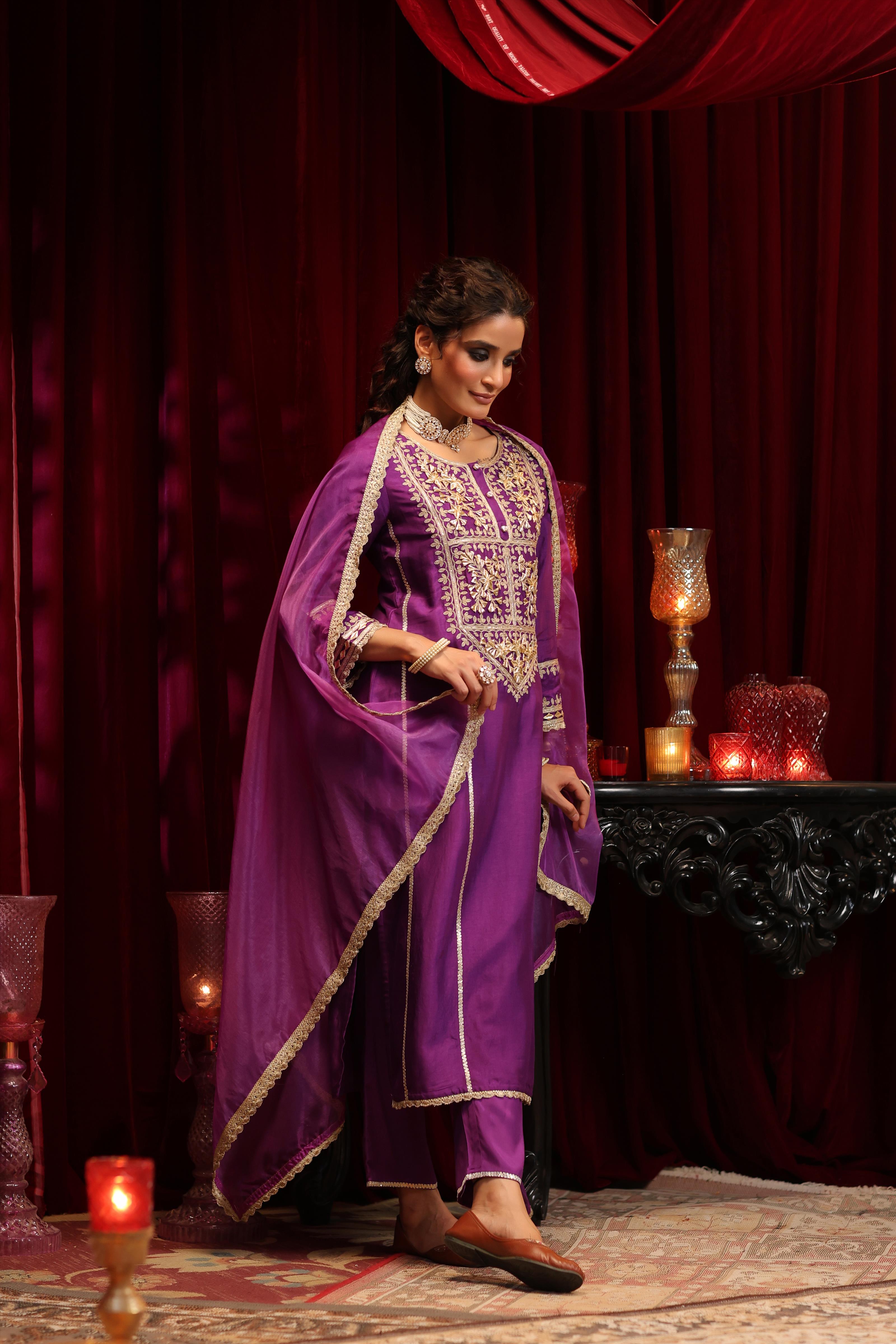 Purple Dupion Silk Gota-Dori Embroidered Suit Set