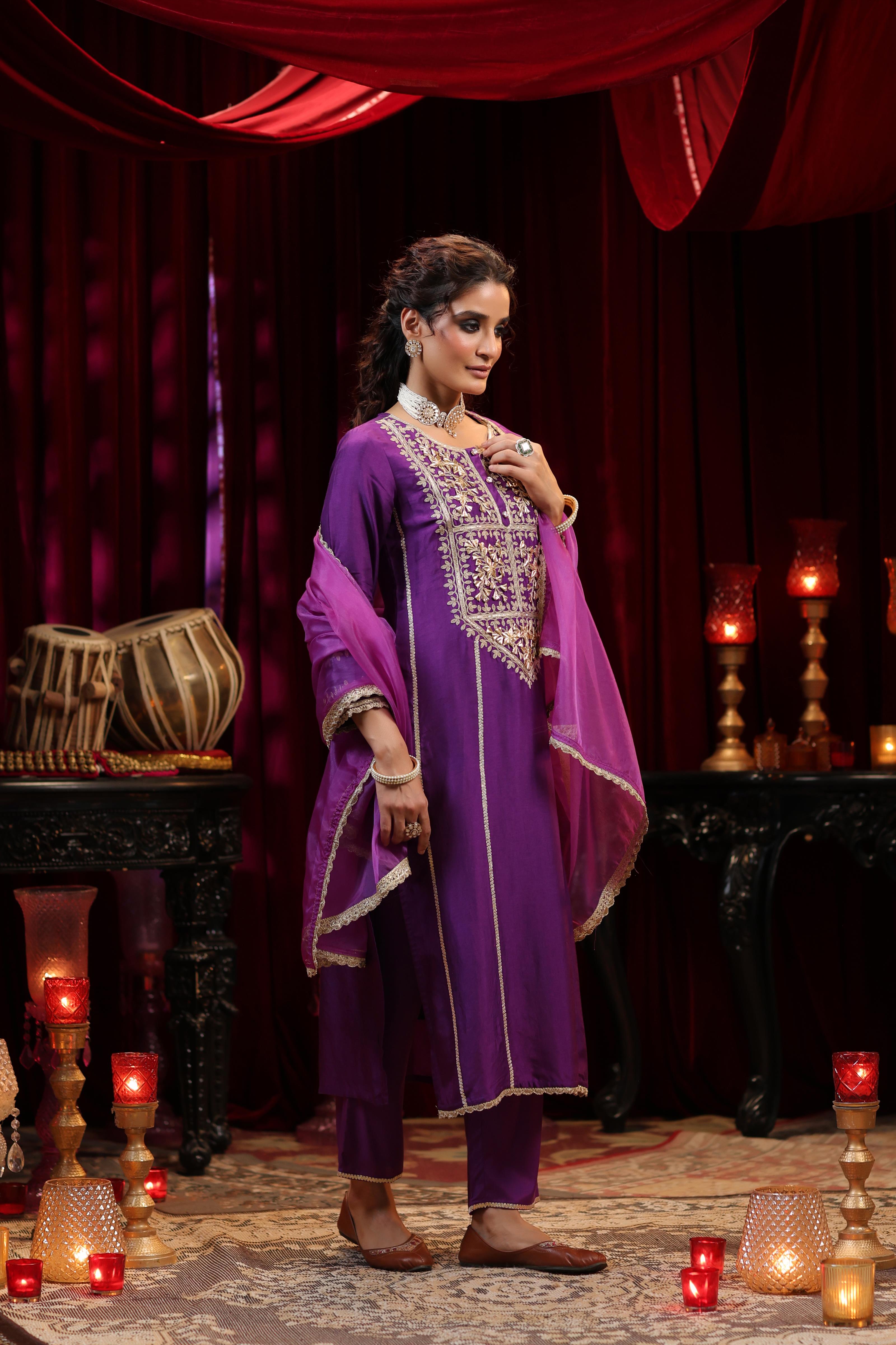 Purple Dupion Silk Gota-Dori Embroidered Suit Set