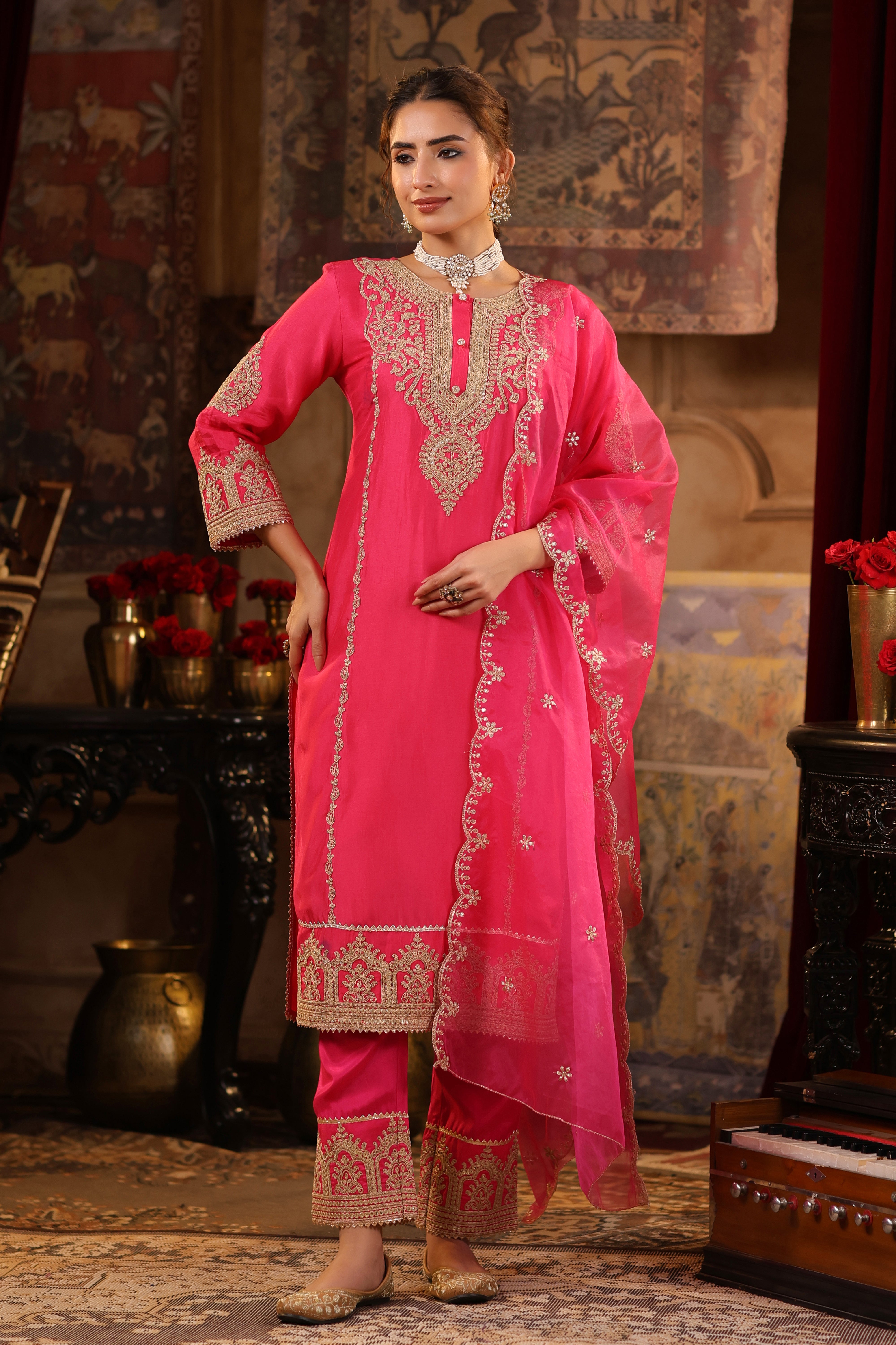 Fuchsia Dupion Silk Dori-Sequin Embroidered Suit Set