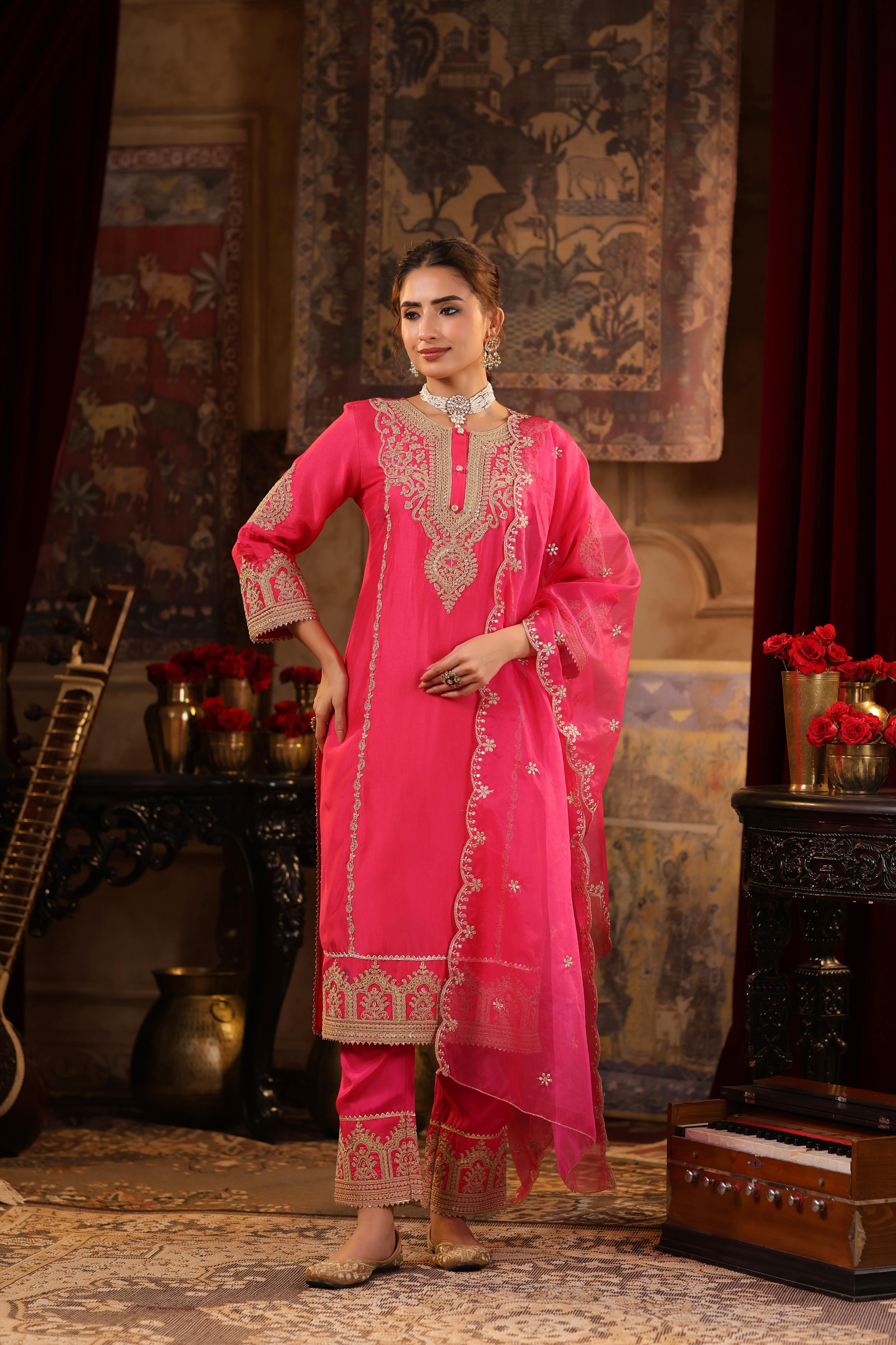 Fuchsia Dupion Silk Dori-Sequin Embroidered Suit Set