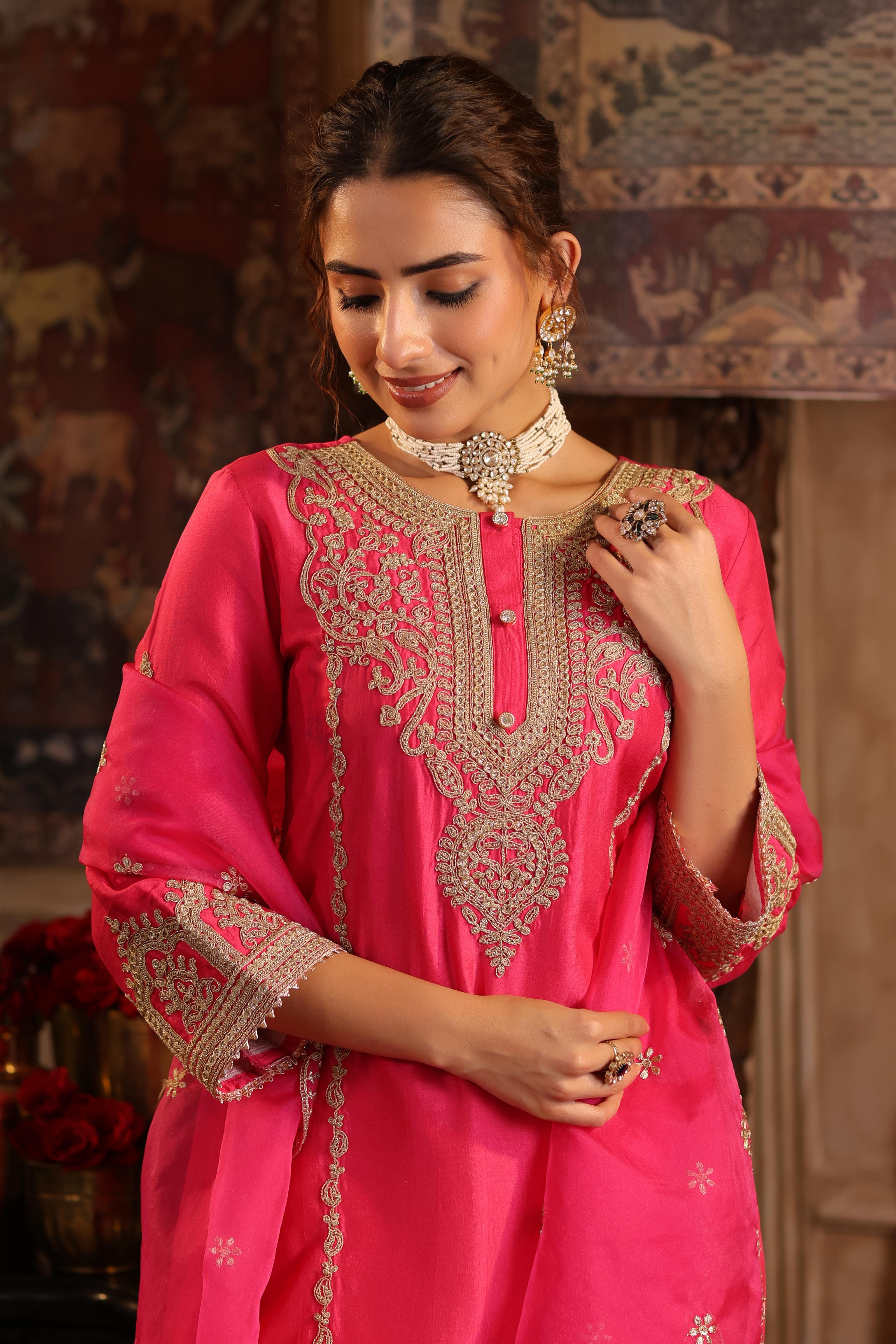 Fuchsia Dupion Silk Dori-Sequin Embroidered Suit Set