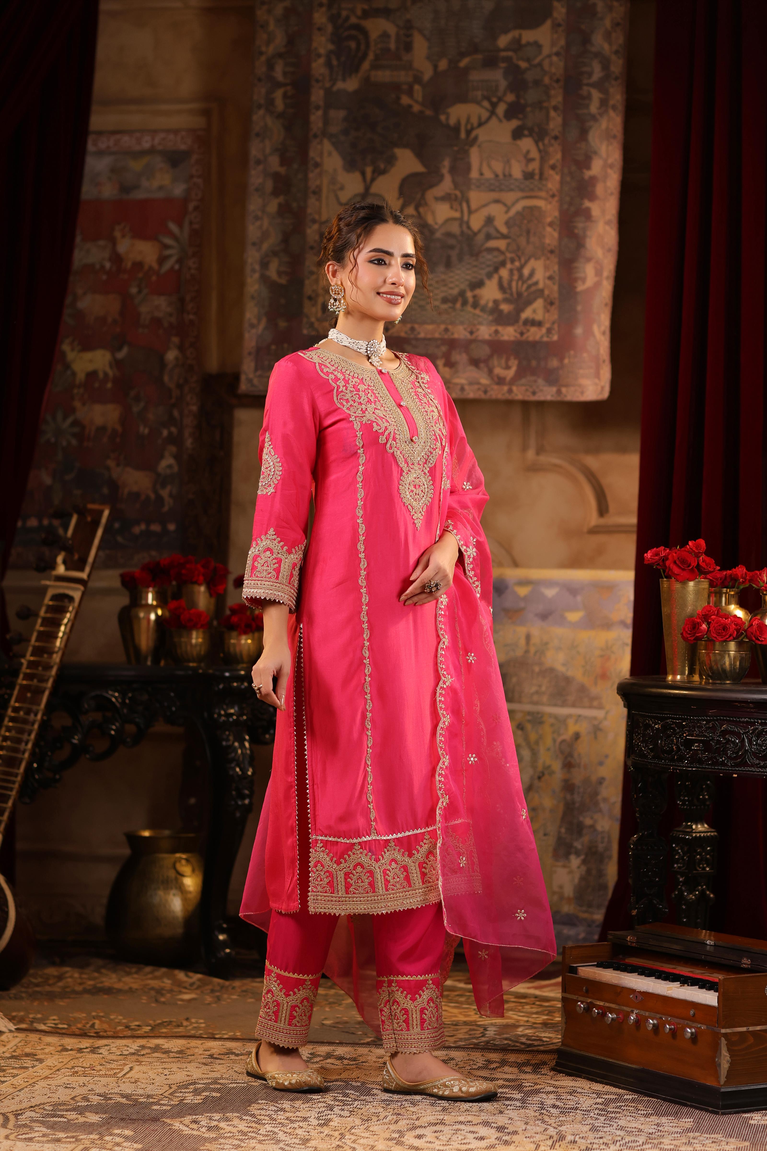 Fuchsia Dupion Silk Dori-Sequin Embroidered Suit Set