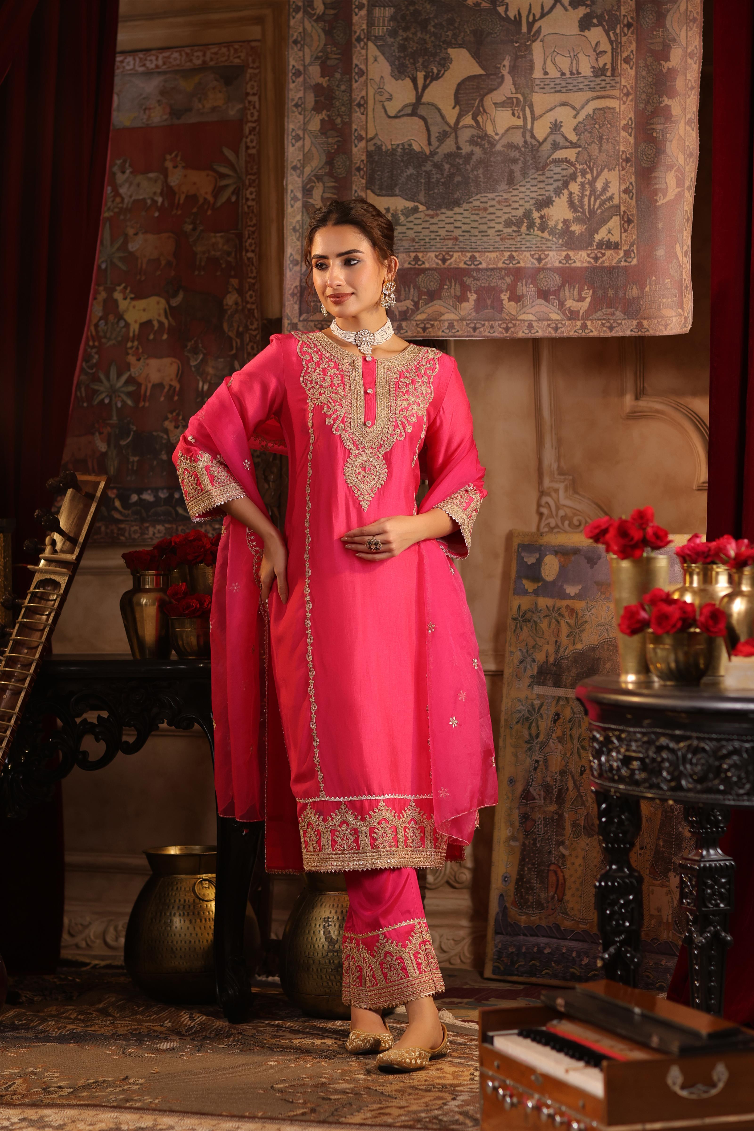 Fuchsia Dupion Silk Dori-Sequin Embroidered Suit Set