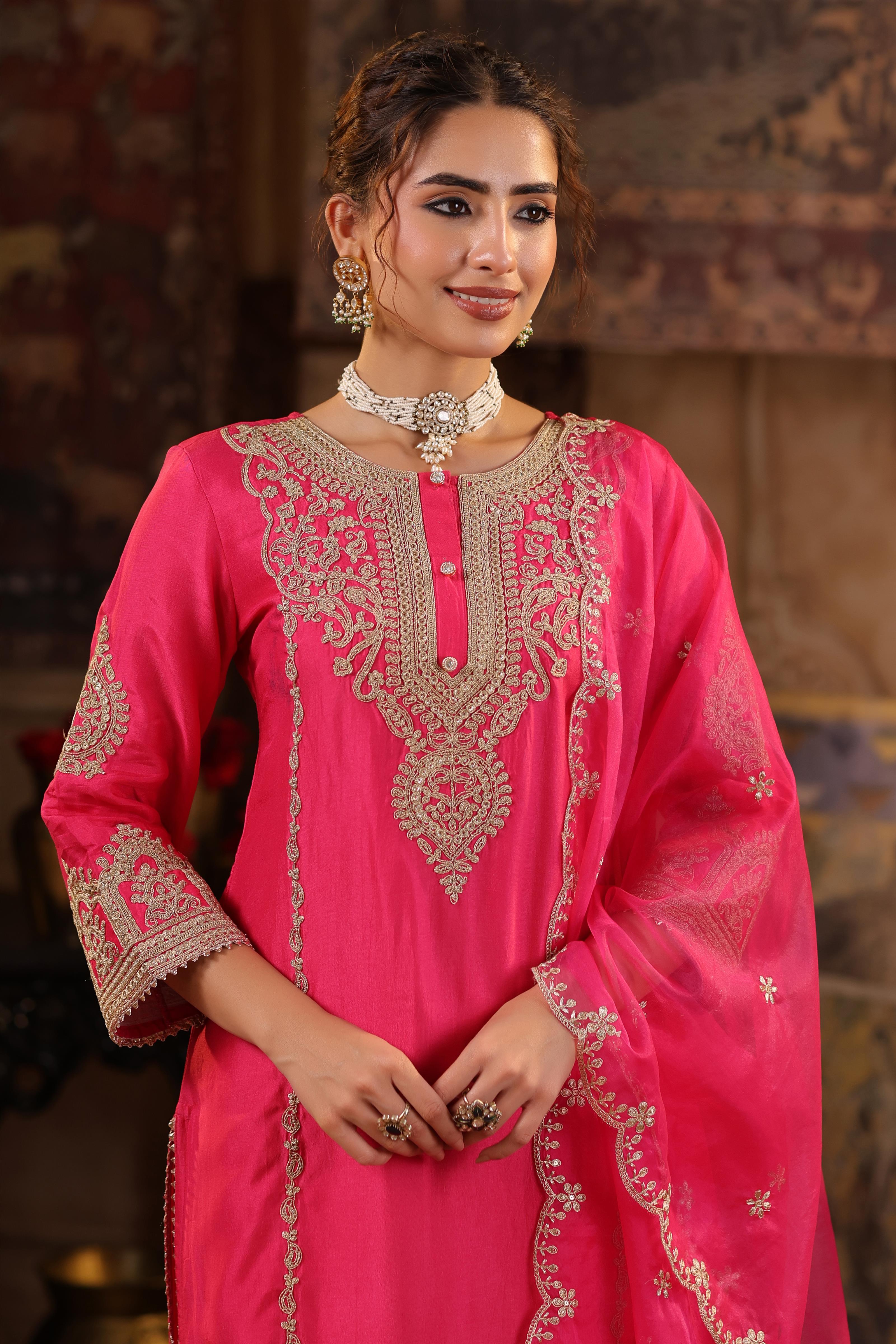 Fuchsia Dupion Silk Dori-Sequin Embroidered Suit Set