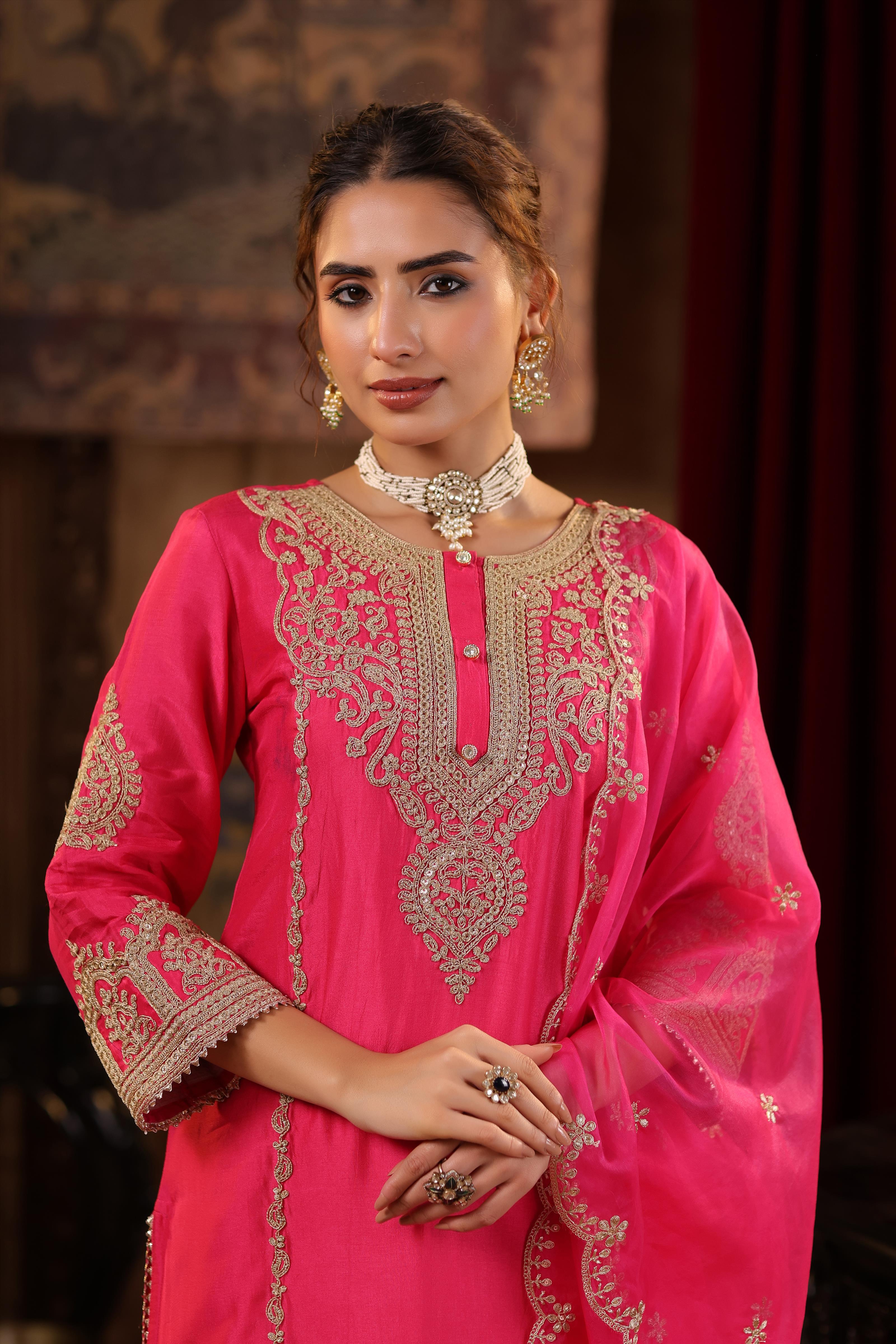 Fuchsia Dupion Silk Dori-Sequin Embroidered Suit Set