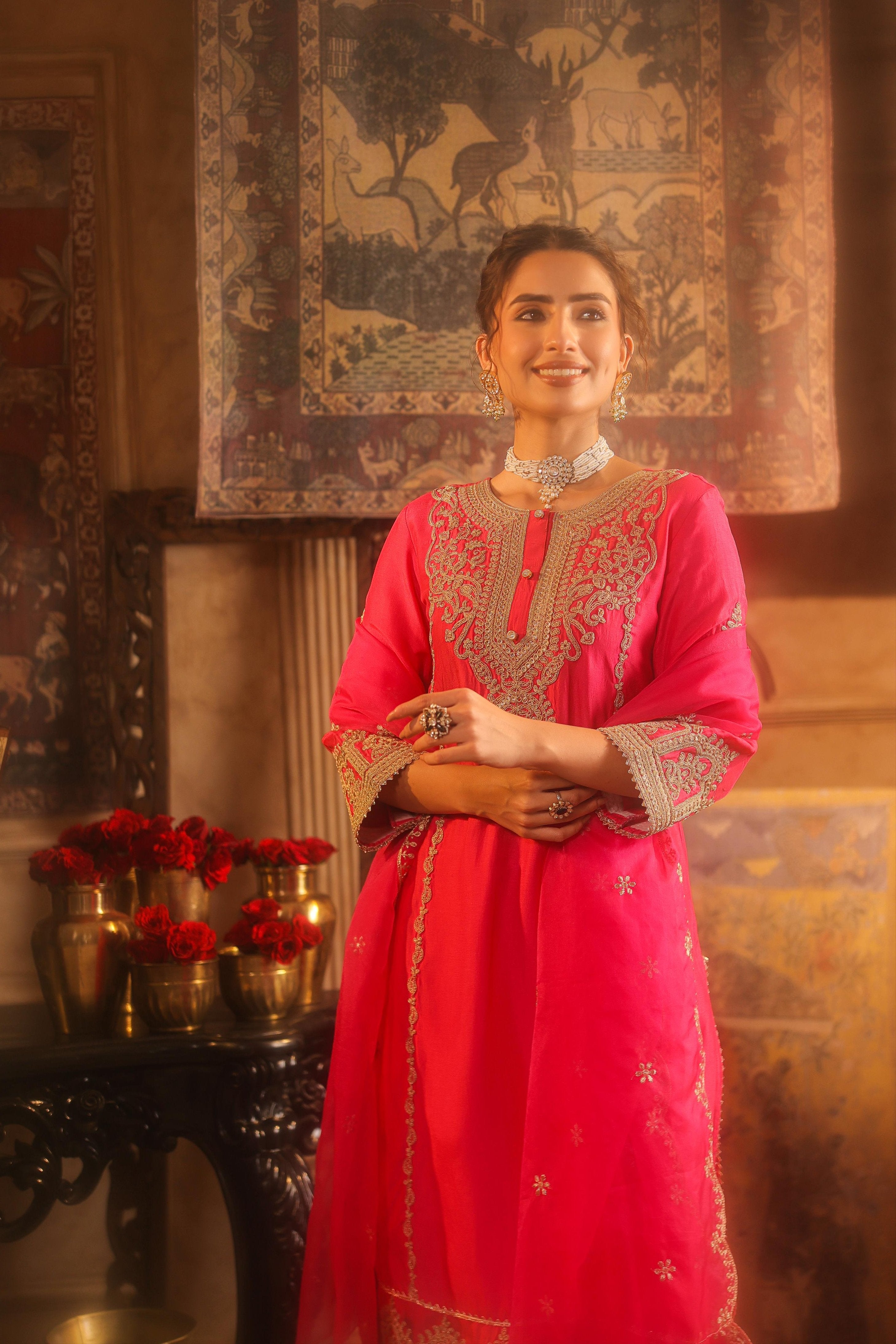 Fuchsia Dupion Silk Dori-Sequin Embroidered Suit Set