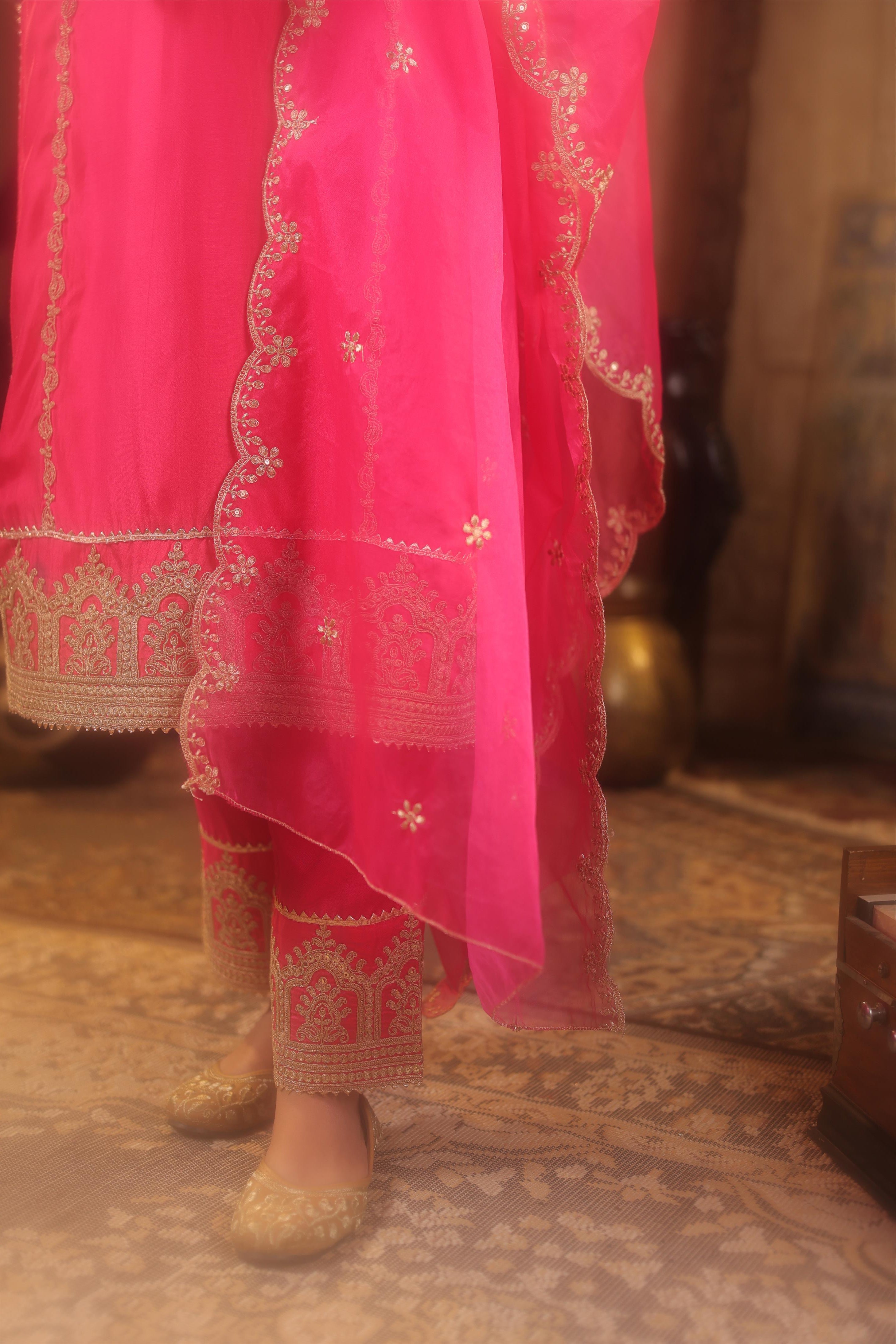 Fuchsia Dupion Silk Dori-Sequin Embroidered Suit Set