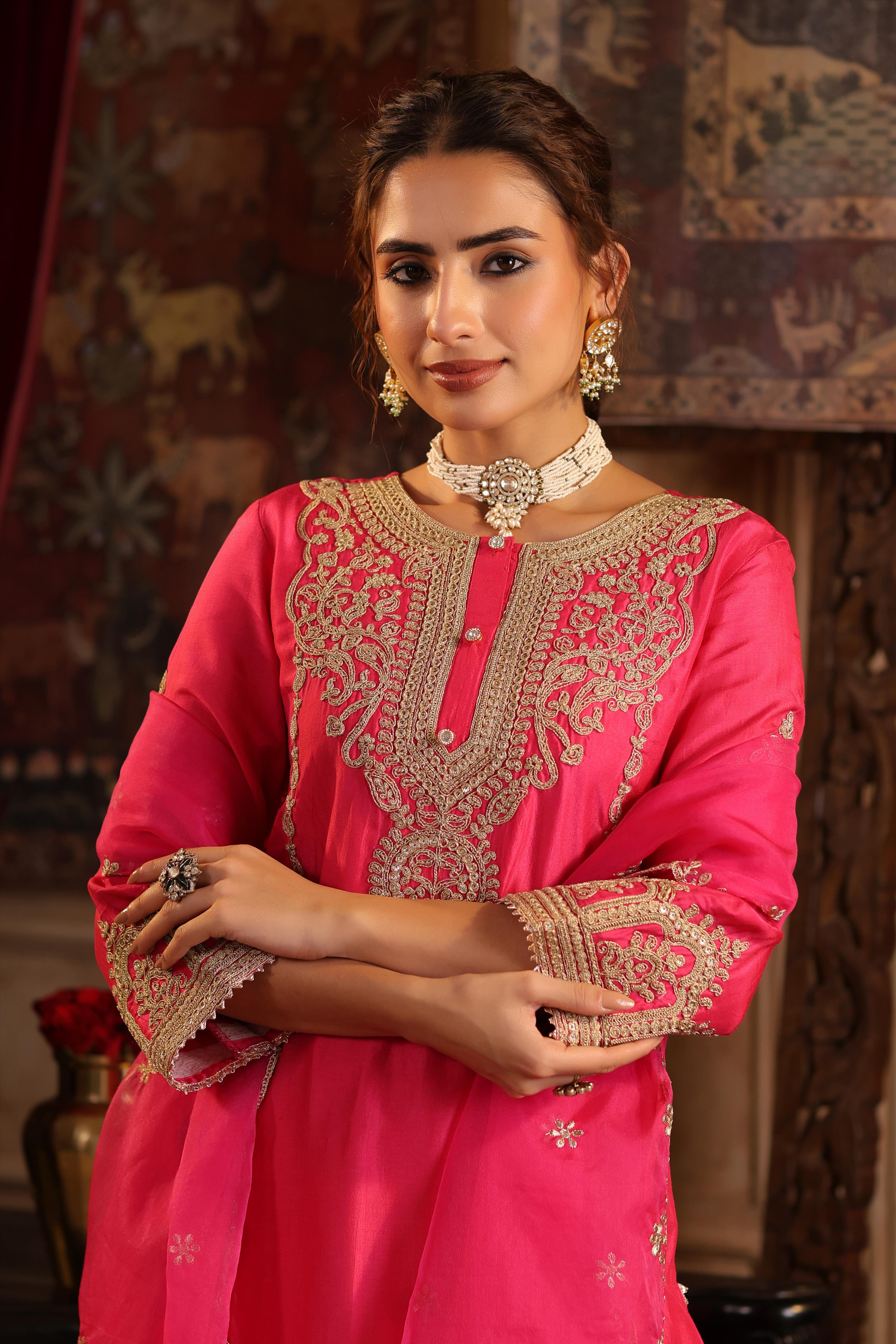 Fuchsia Dupion Silk Dori-Sequin Embroidered Suit Set