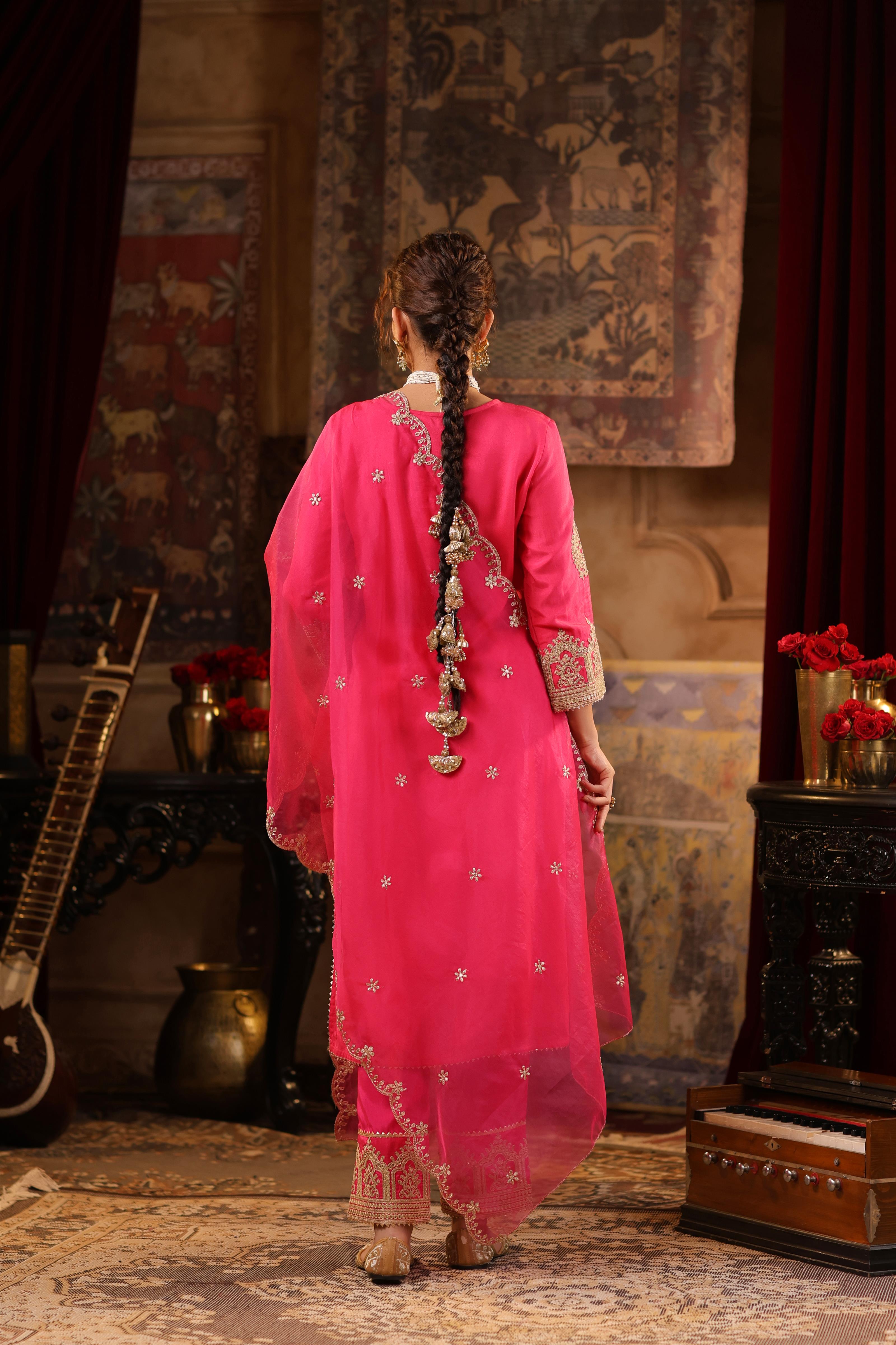 Fuchsia Dupion Silk Dori-Sequin Embroidered Suit Set