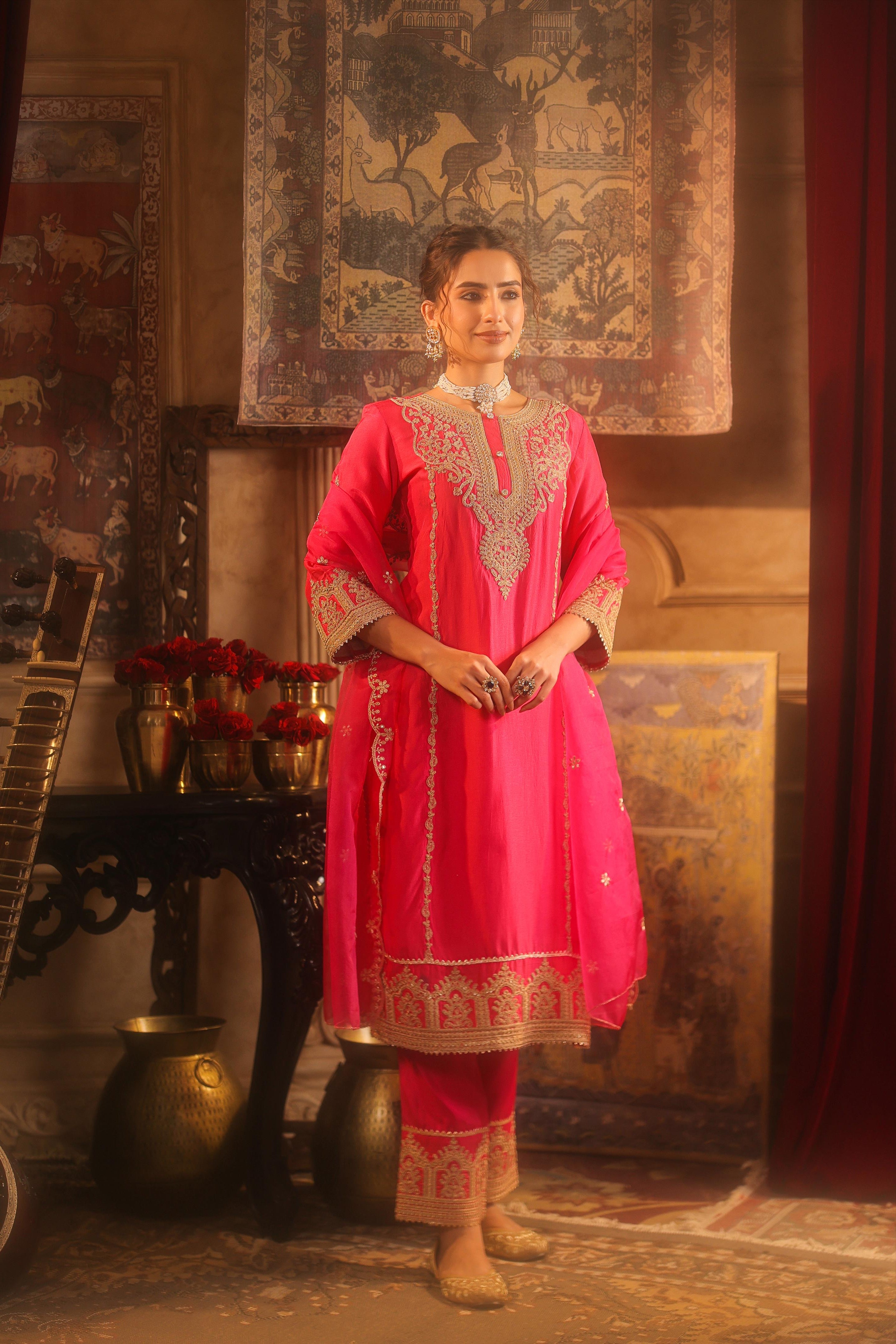 Fuchsia Dupion Silk Dori-Sequin Embroidered Suit Set