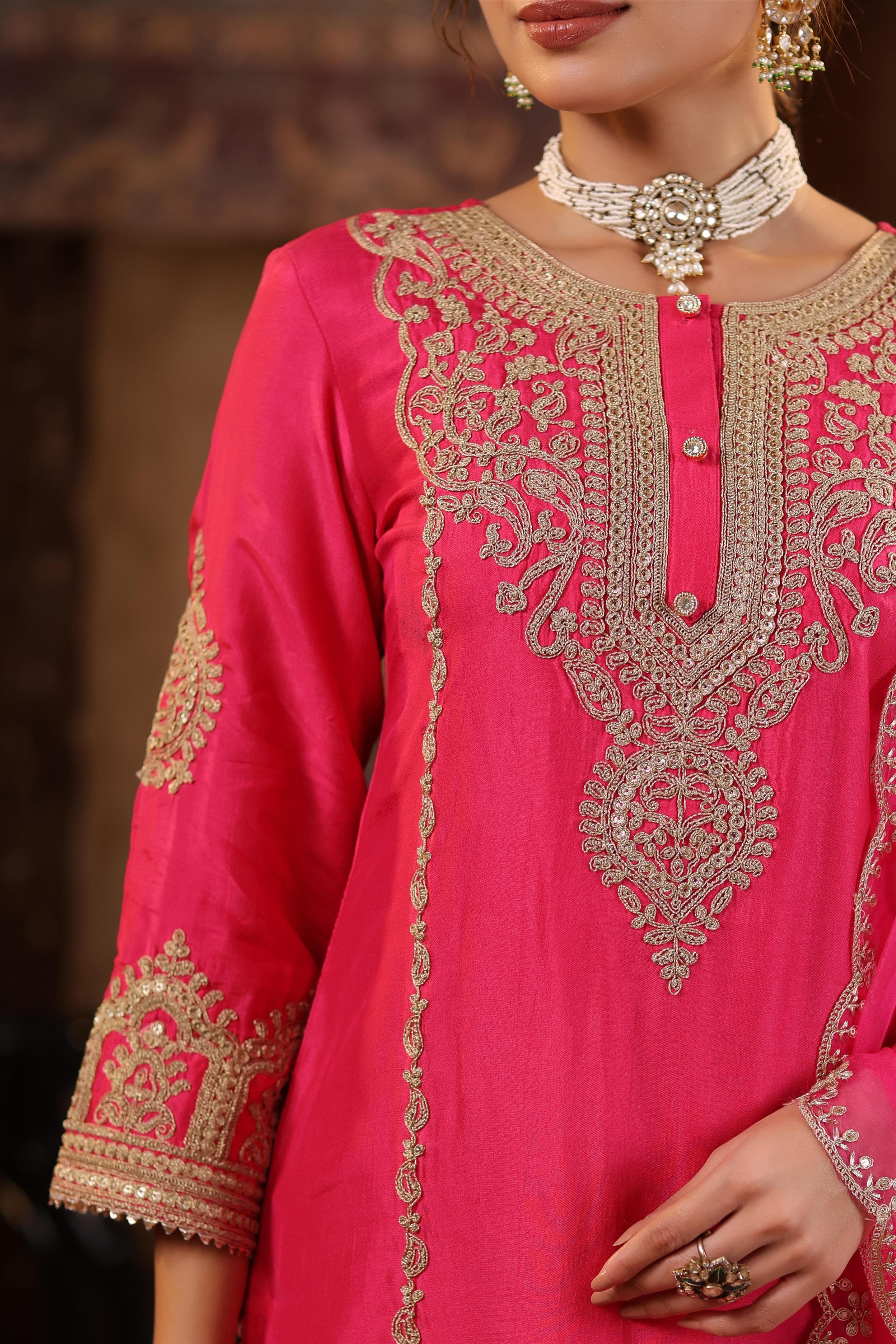 Fuchsia Dupion Silk Dori-Sequin Embroidered Suit Set