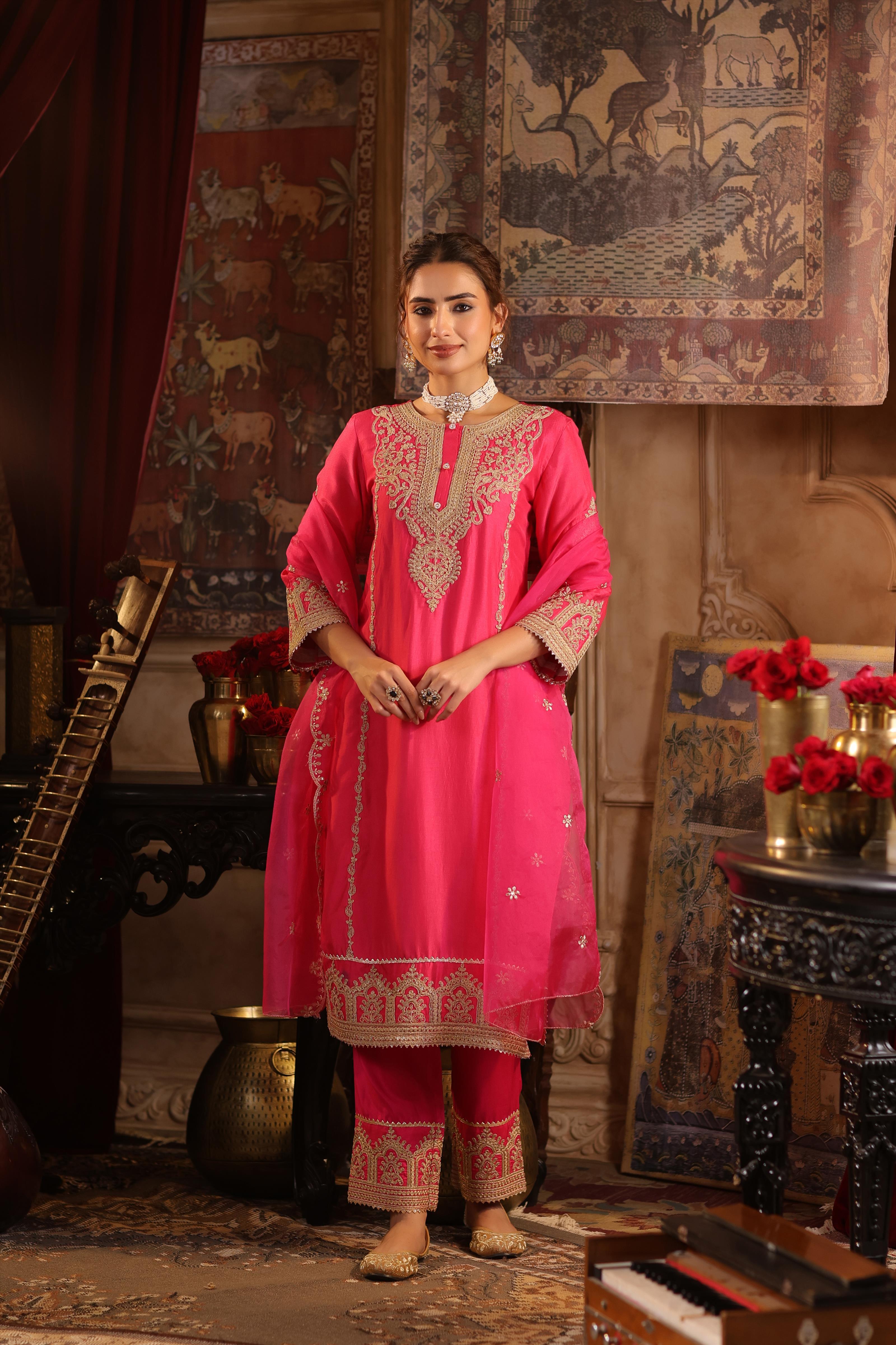 Fuchsia Dupion Silk Dori-Sequin Embroidered Suit Set