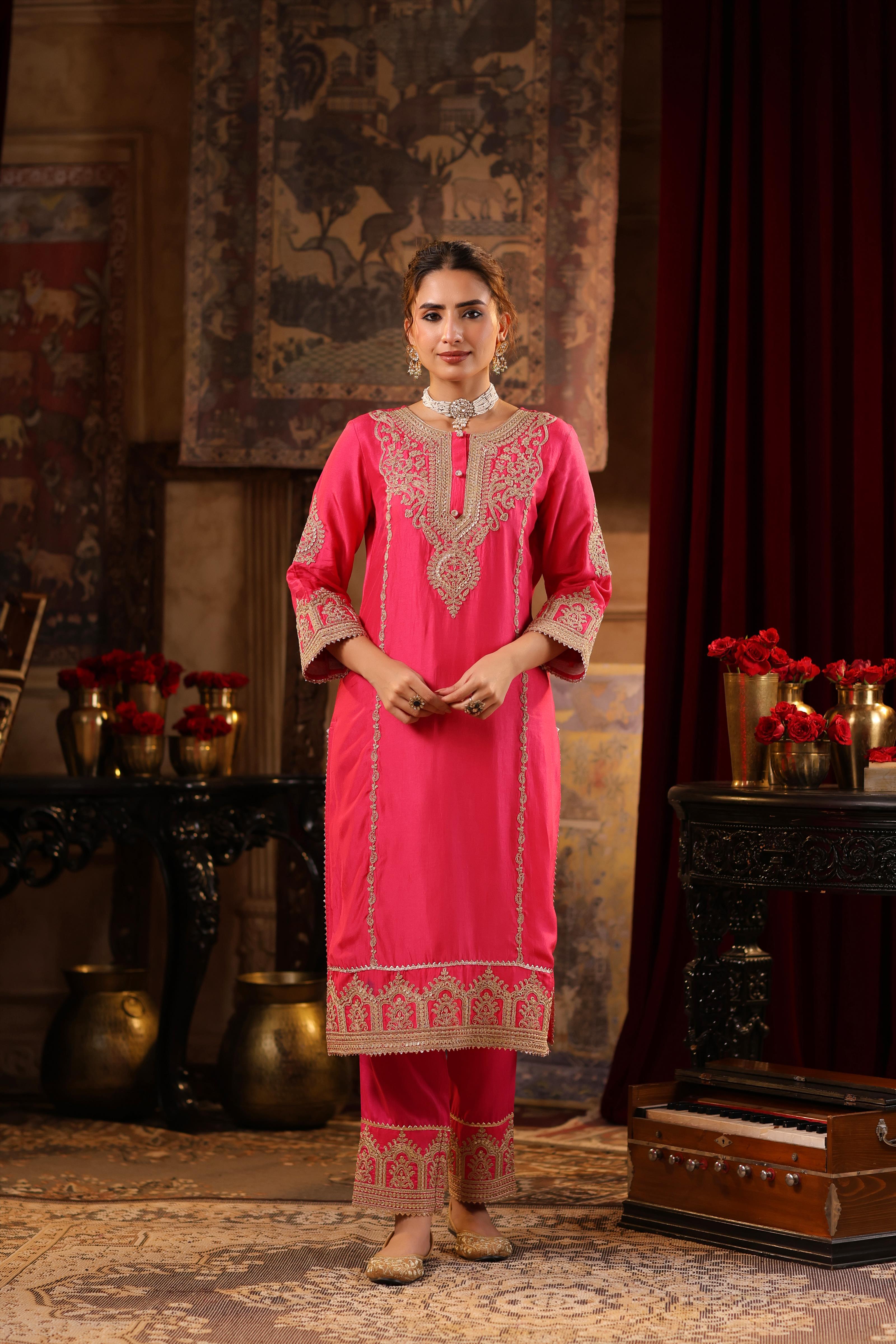 Fuchsia Dupion Silk Dori-Sequin Embroidered Suit Set