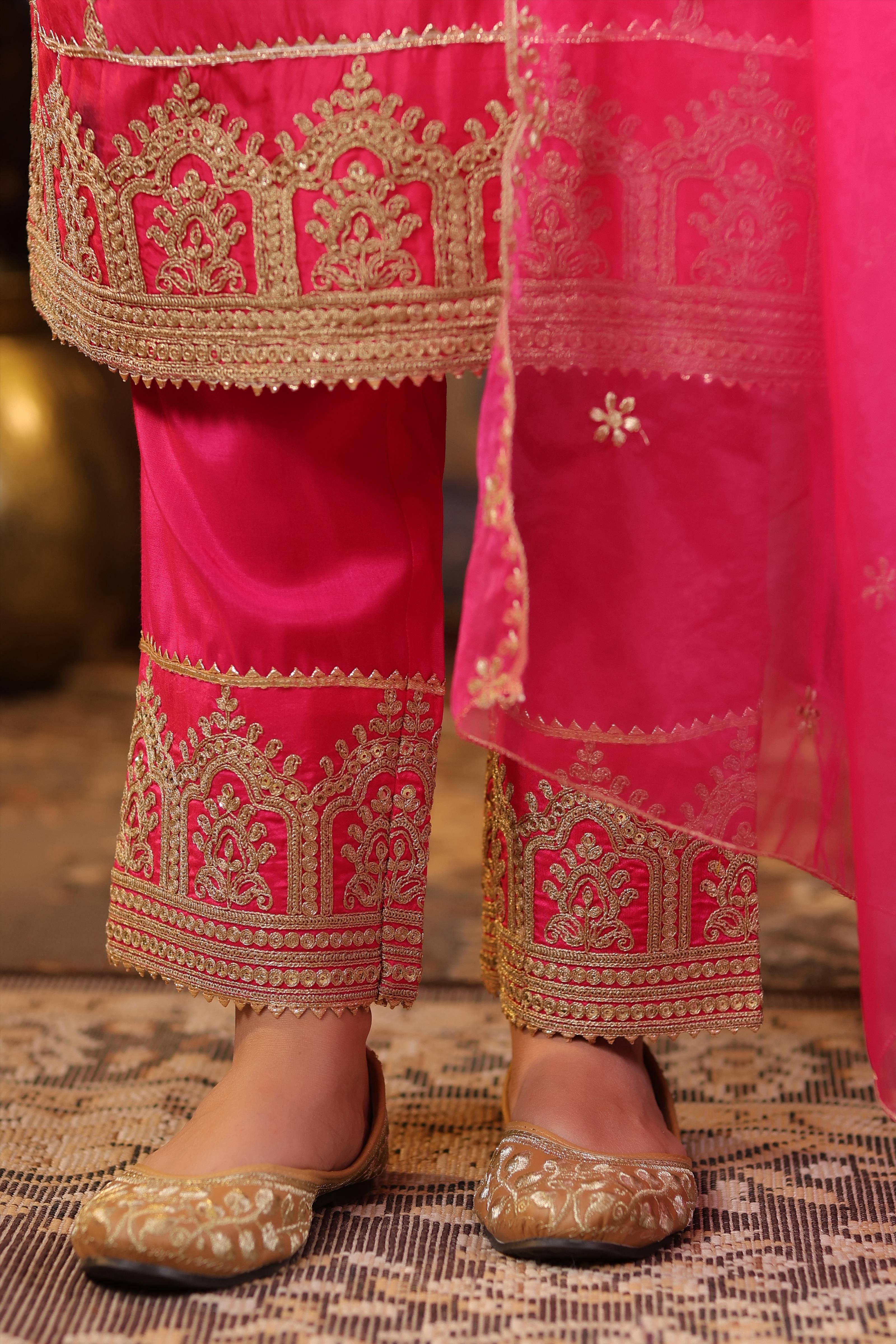 Fuchsia Dupion Silk Dori-Sequin Embroidered Suit Set