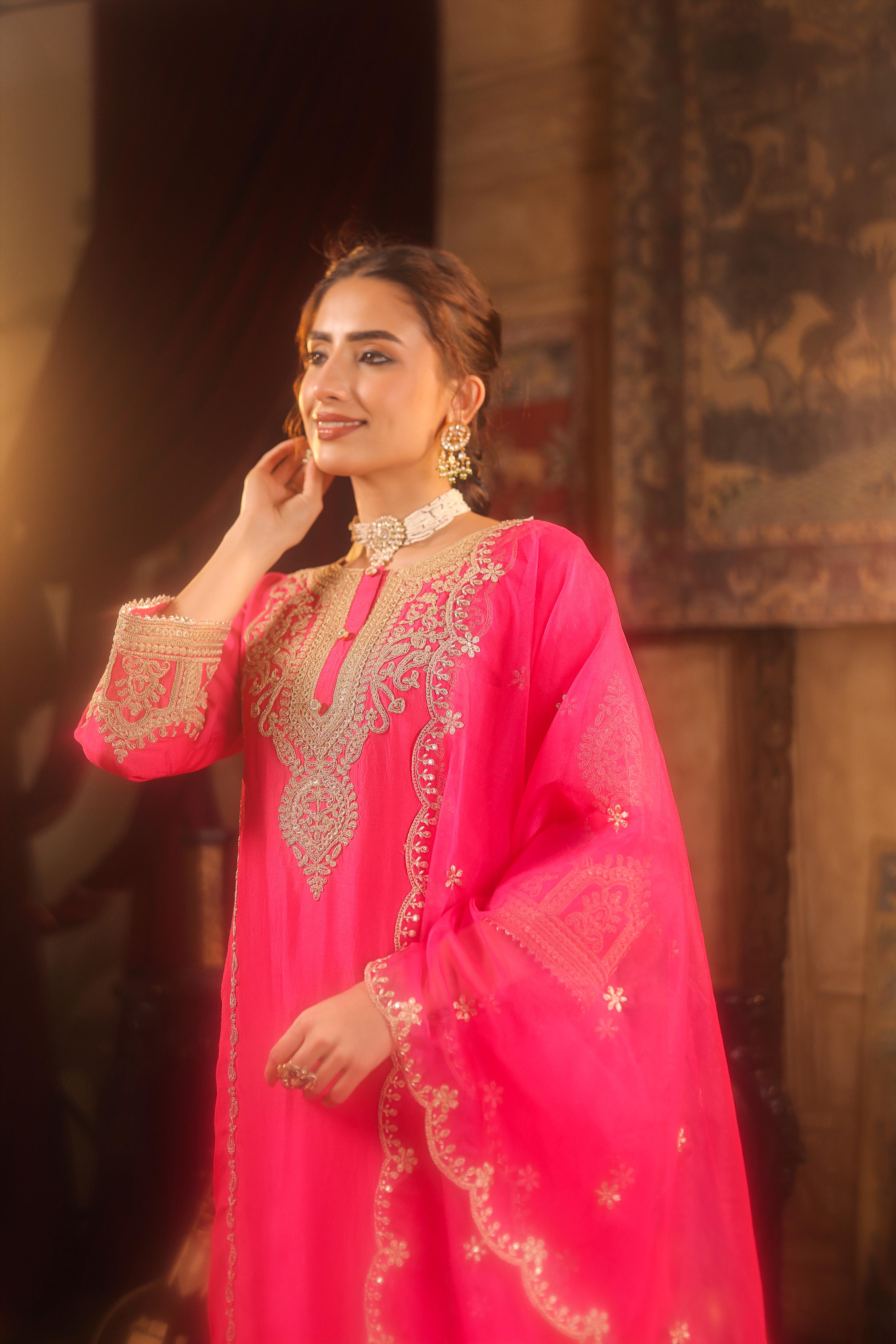 Fuchsia Dupion Silk Dori-Sequin Embroidered Suit Set