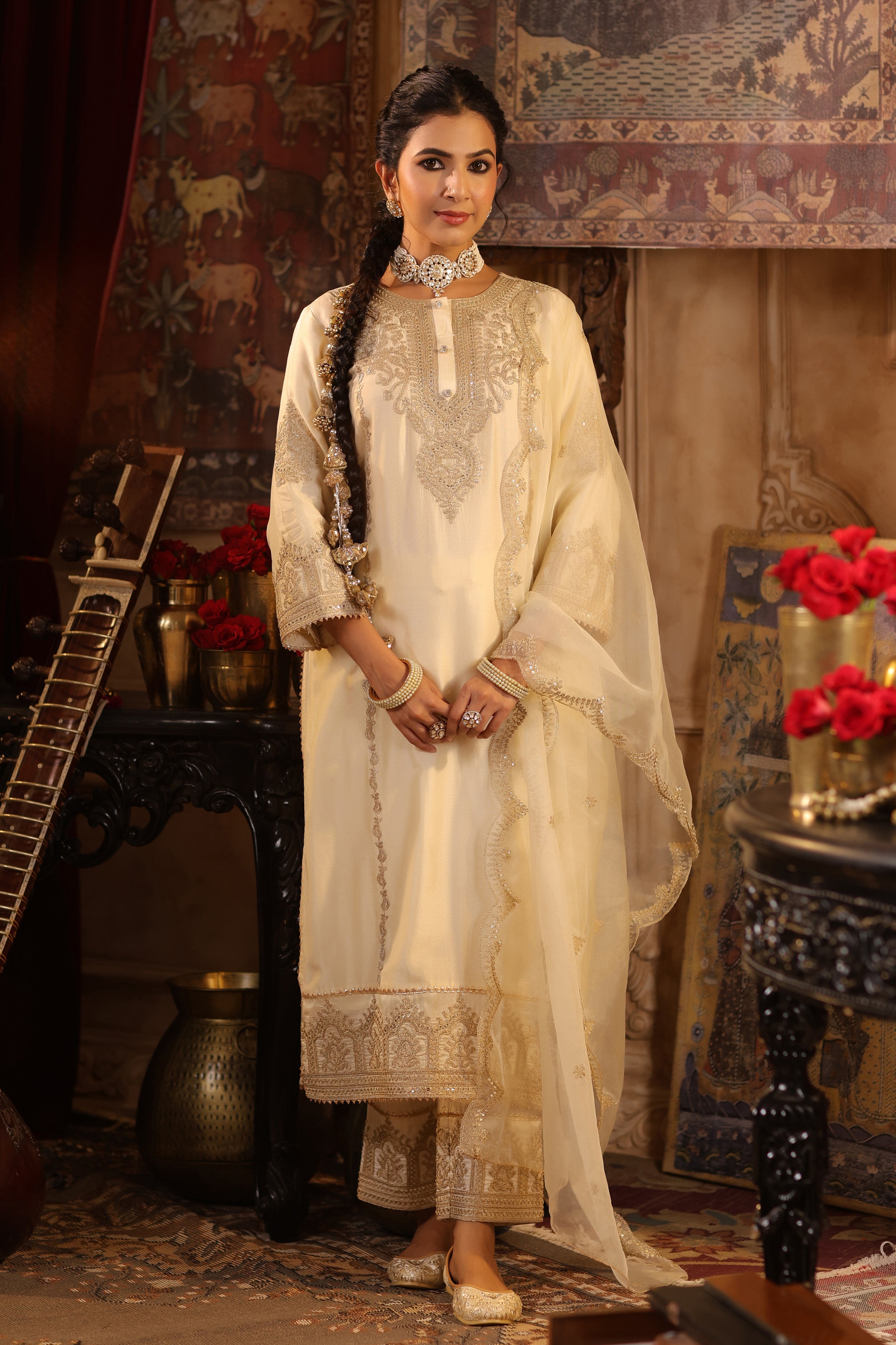 Ivory Dupion Silk Dori-Sequin Embroidered Suit Set