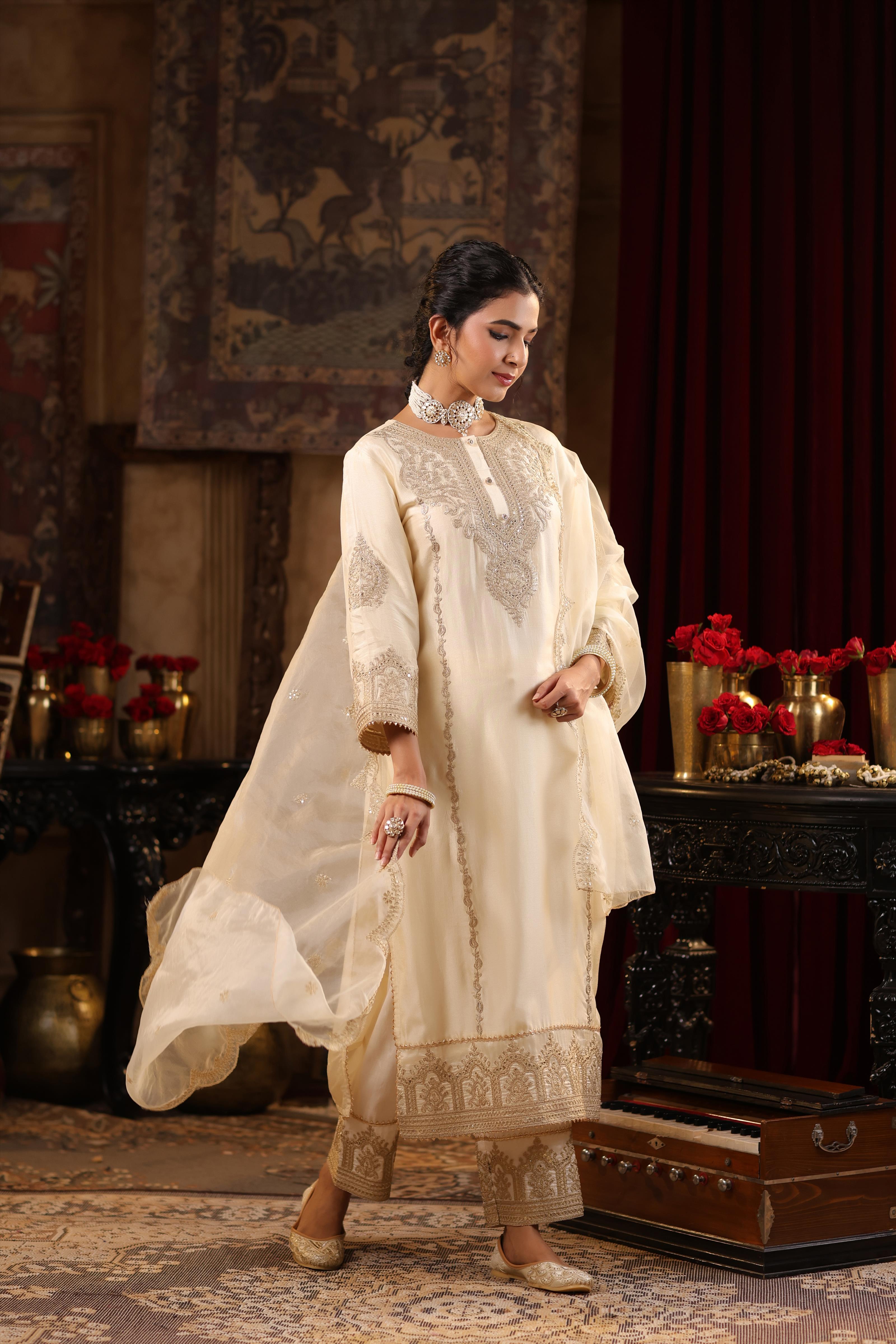 Ivory Dupion Silk Dori-Sequin Embroidered Suit Set