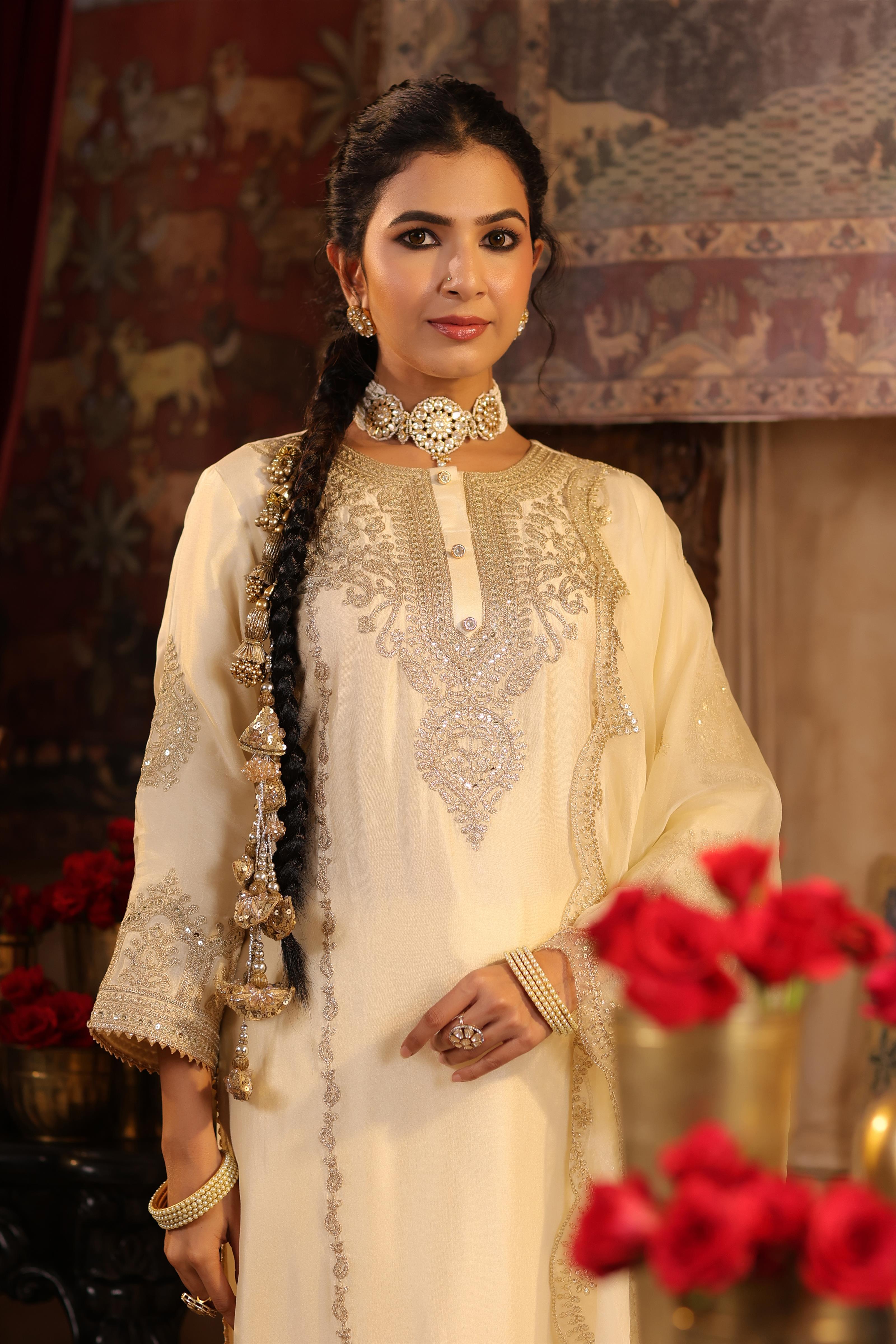 Ivory Dupion Silk Dori-Sequin Embroidered Suit Set