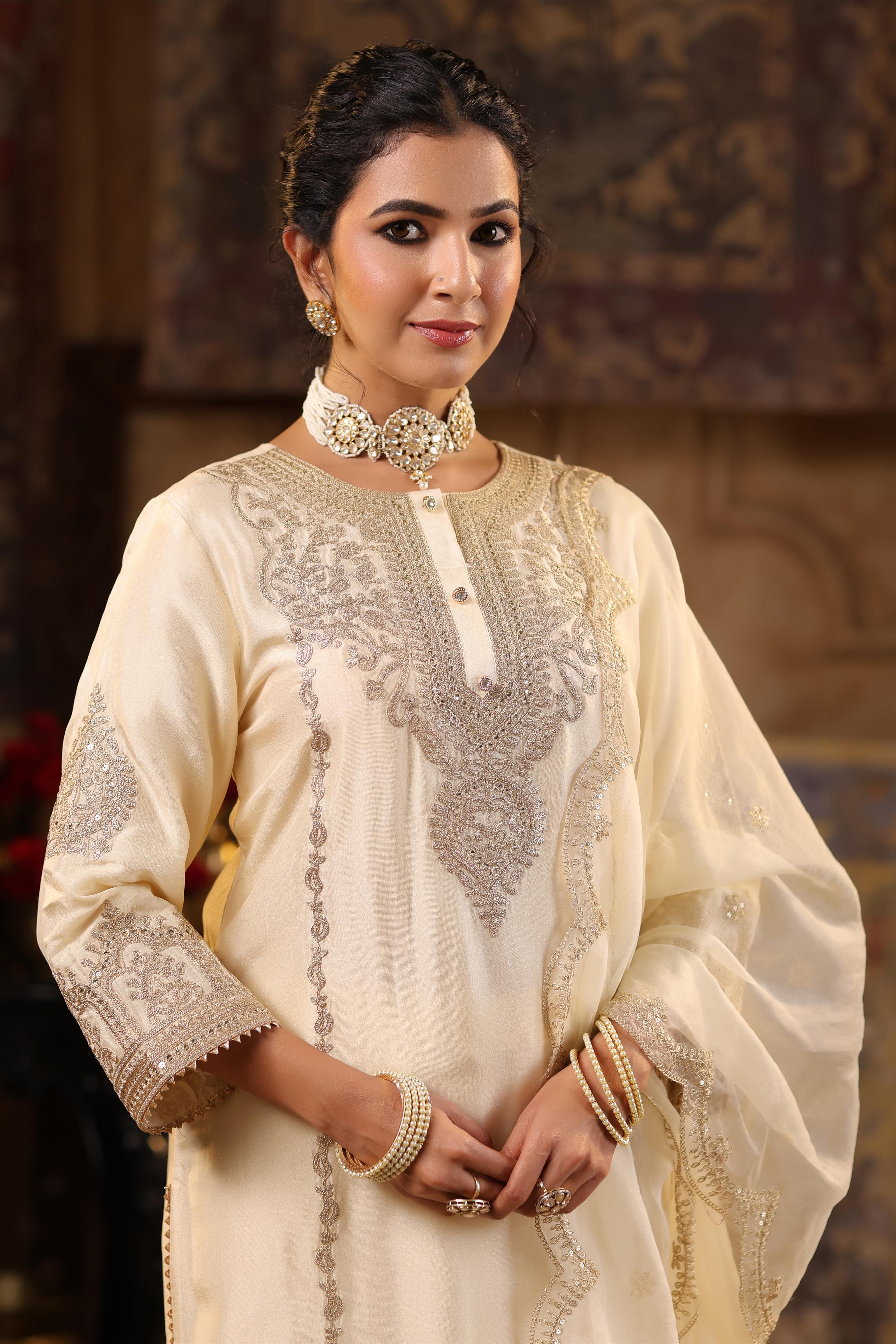 Ivory Dupion Silk Dori-Sequin Embroidered Suit Set