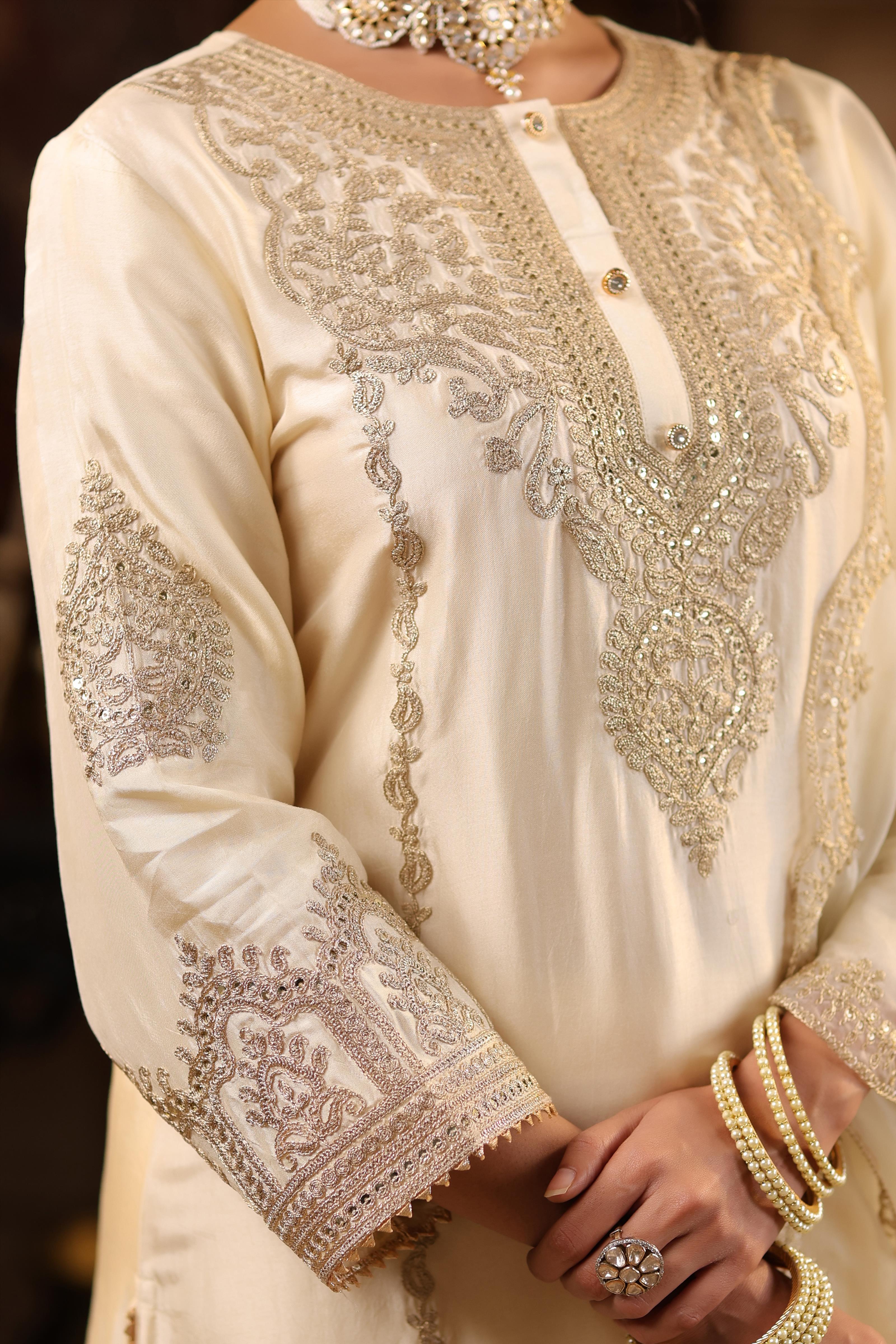 Ivory Dupion Silk Dori-Sequin Embroidered Suit Set