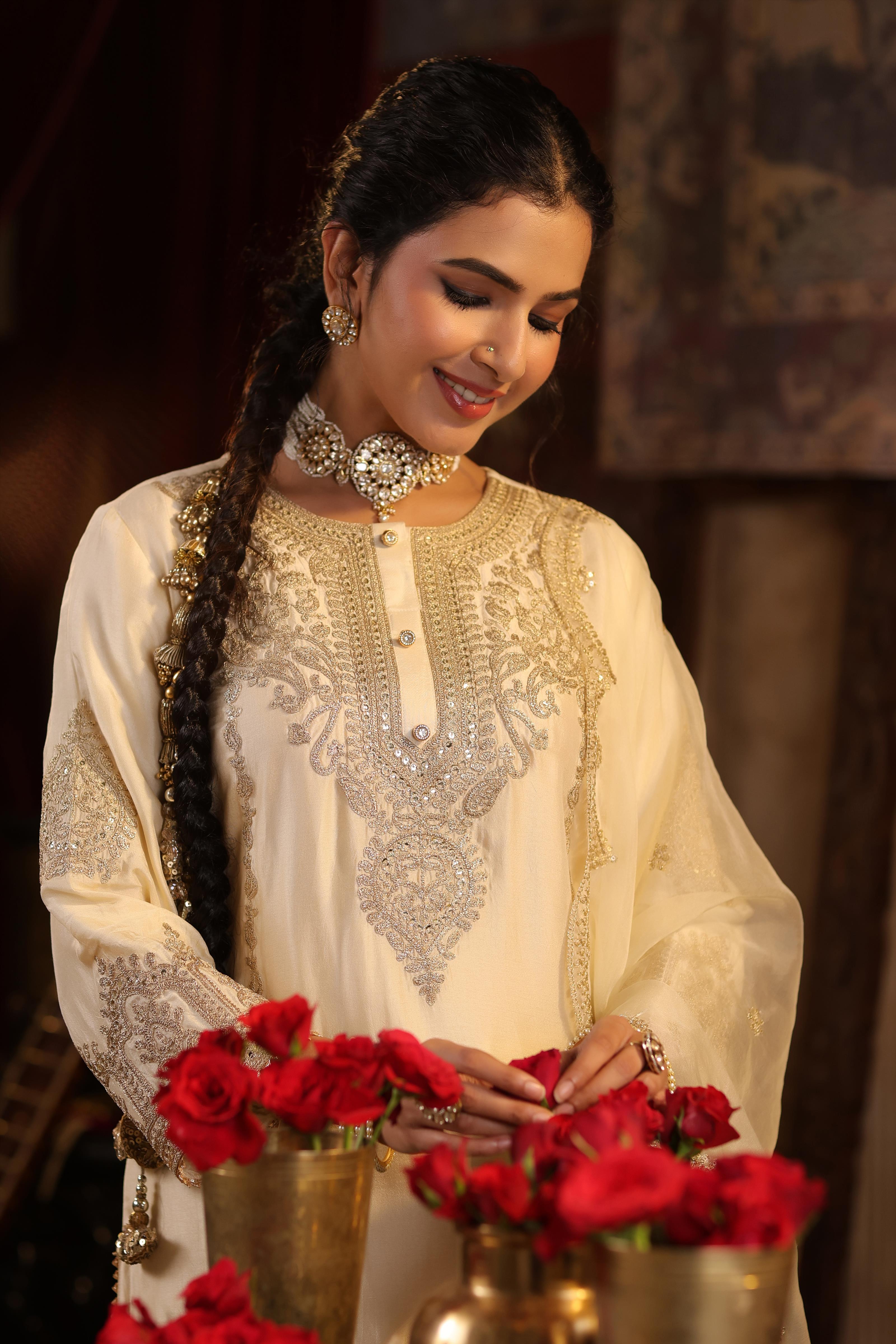 Ivory Dupion Silk Dori-Sequin Embroidered Suit Set