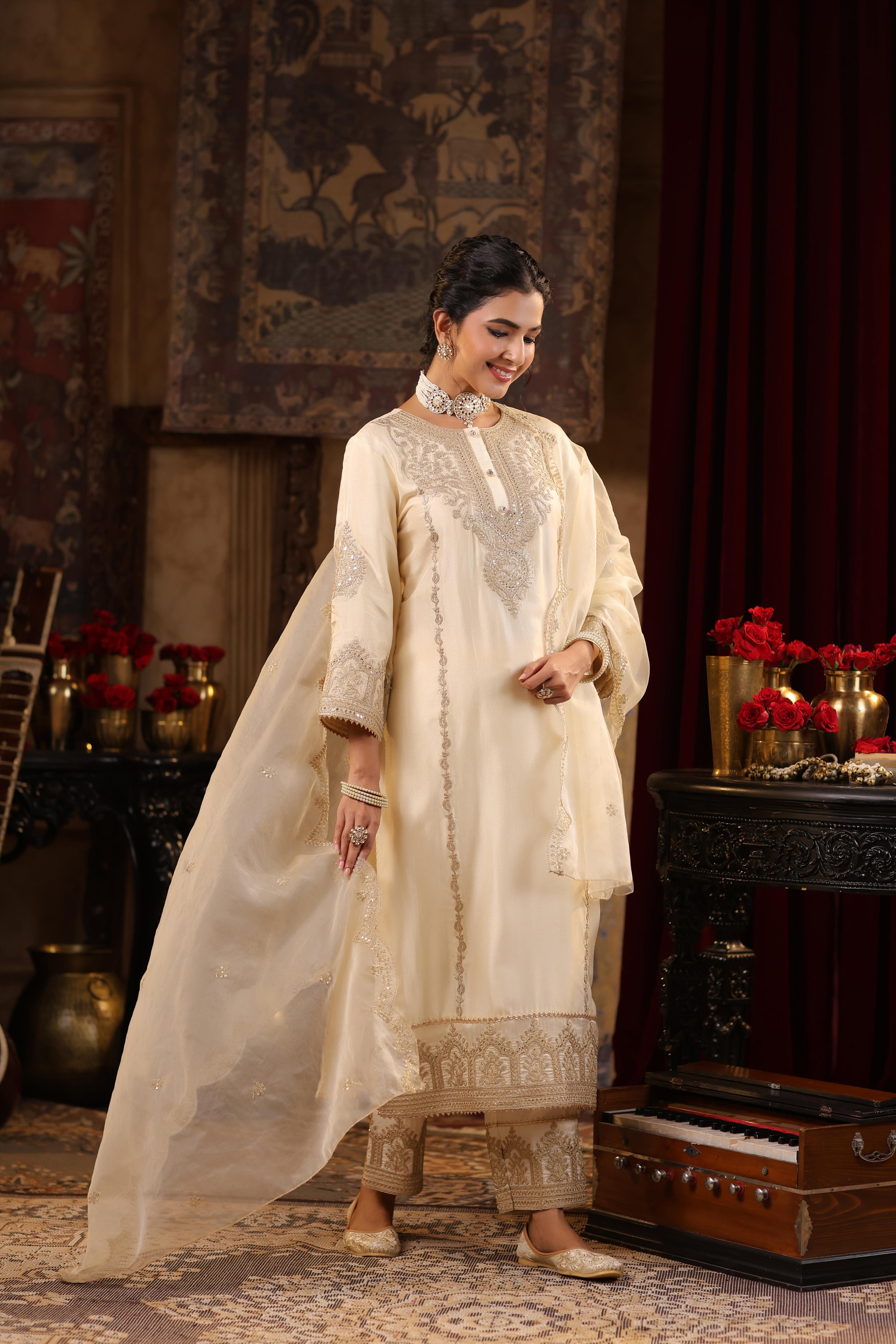 Ivory Dupion Silk Dori-Sequin Embroidered Suit Set