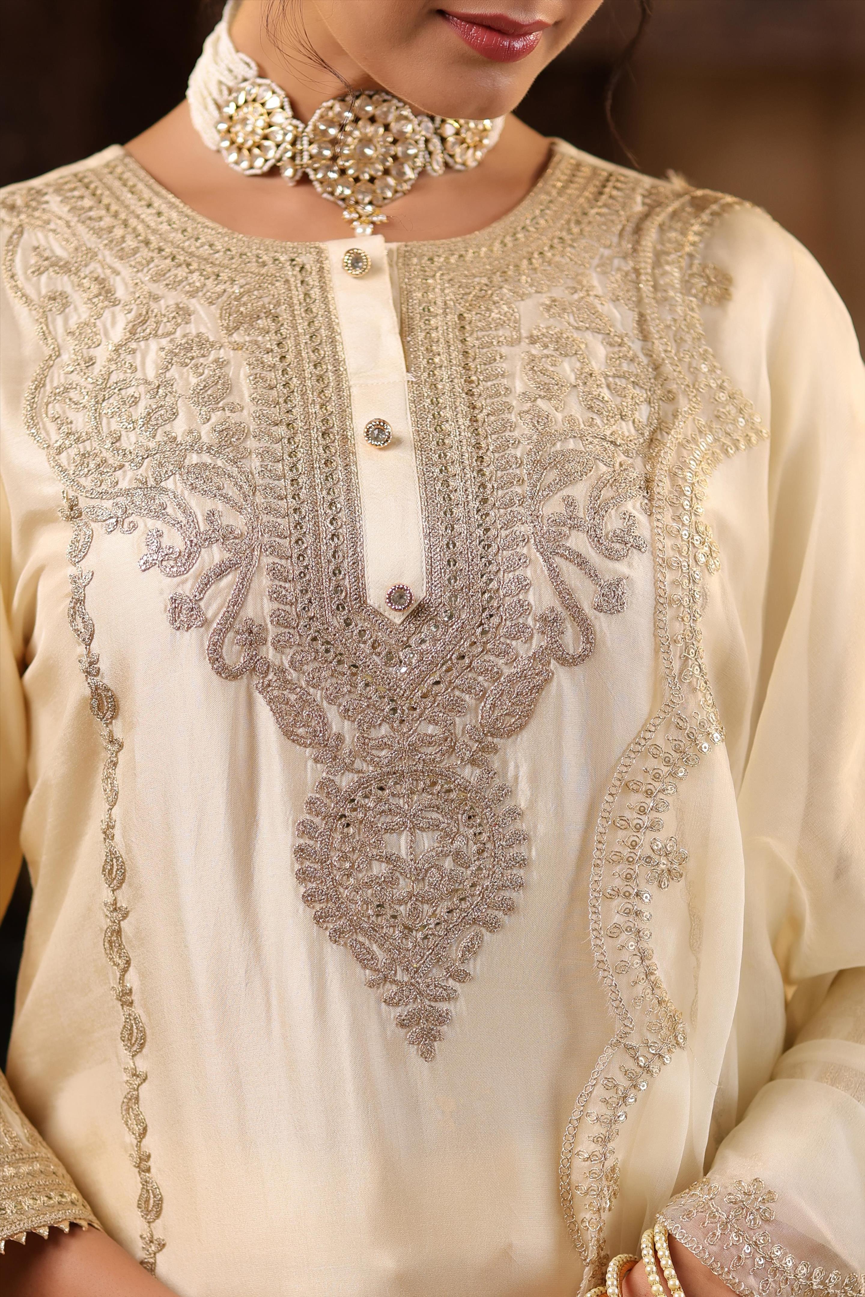 Ivory Dupion Silk Dori-Sequin Embroidered Suit Set