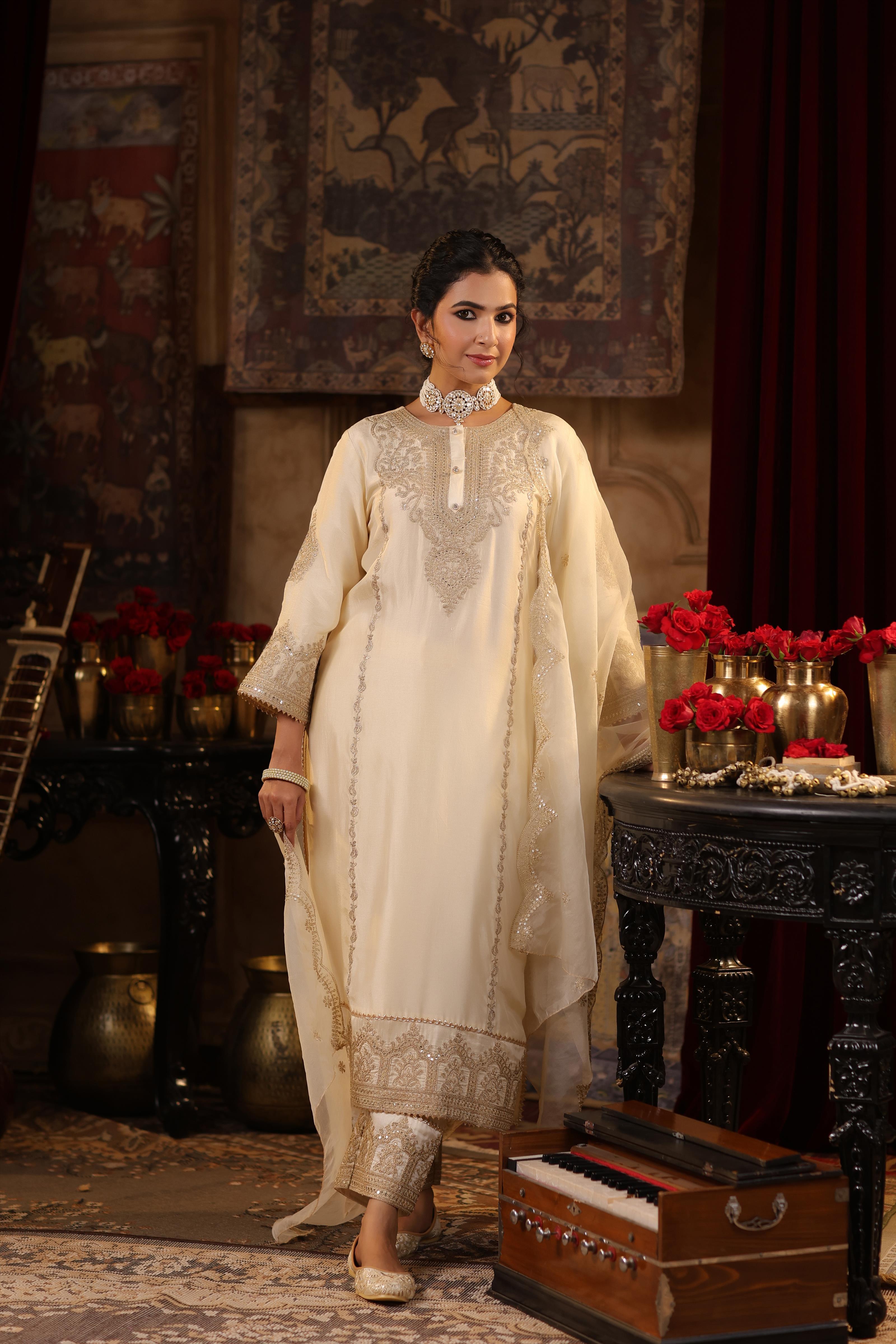 Ivory Dupion Silk Dori-Sequin Embroidered Suit Set