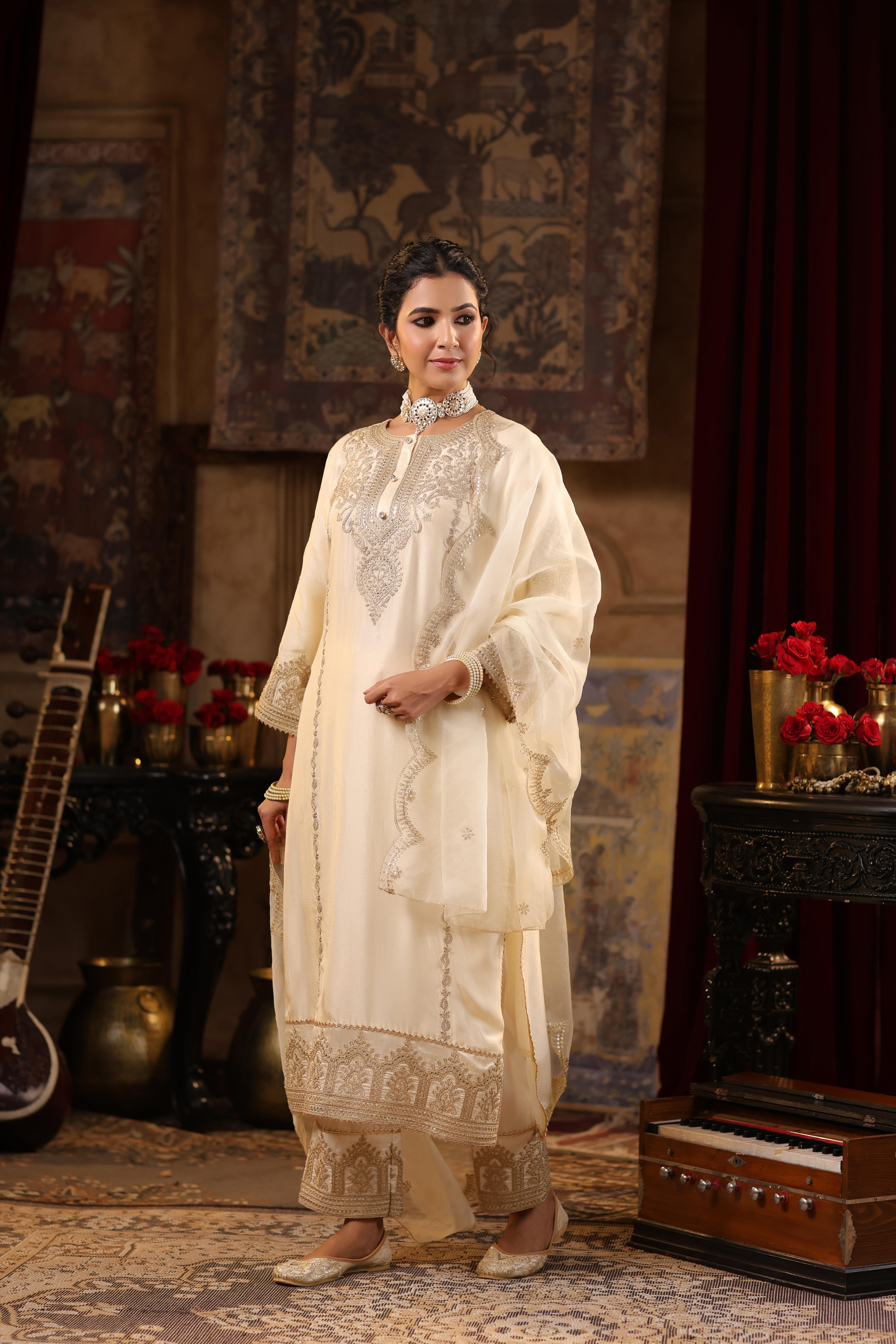 Ivory Dupion Silk Dori-Sequin Embroidered Suit Set