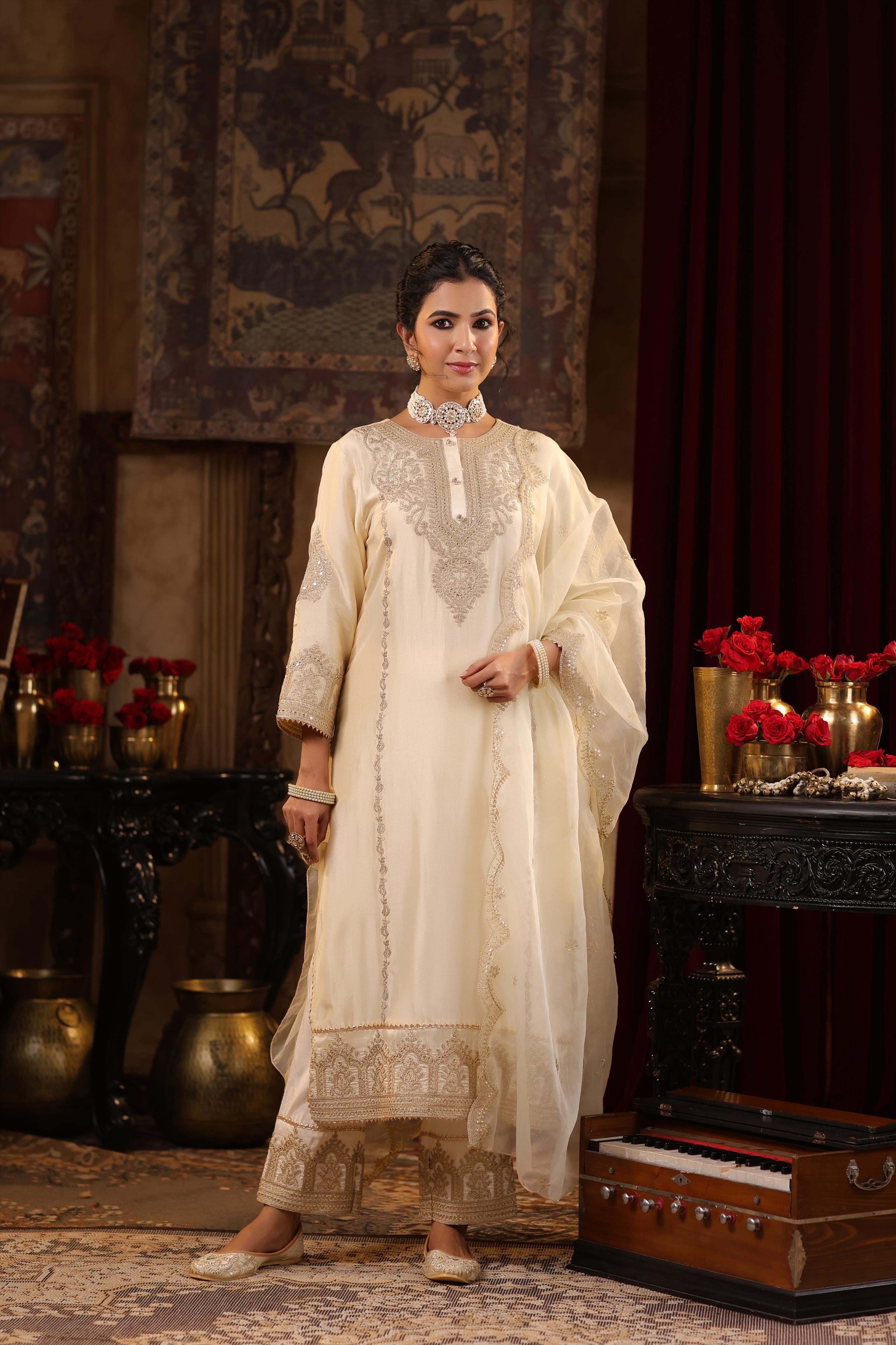 Ivory Dupion Silk Dori-Sequin Embroidered Suit Set