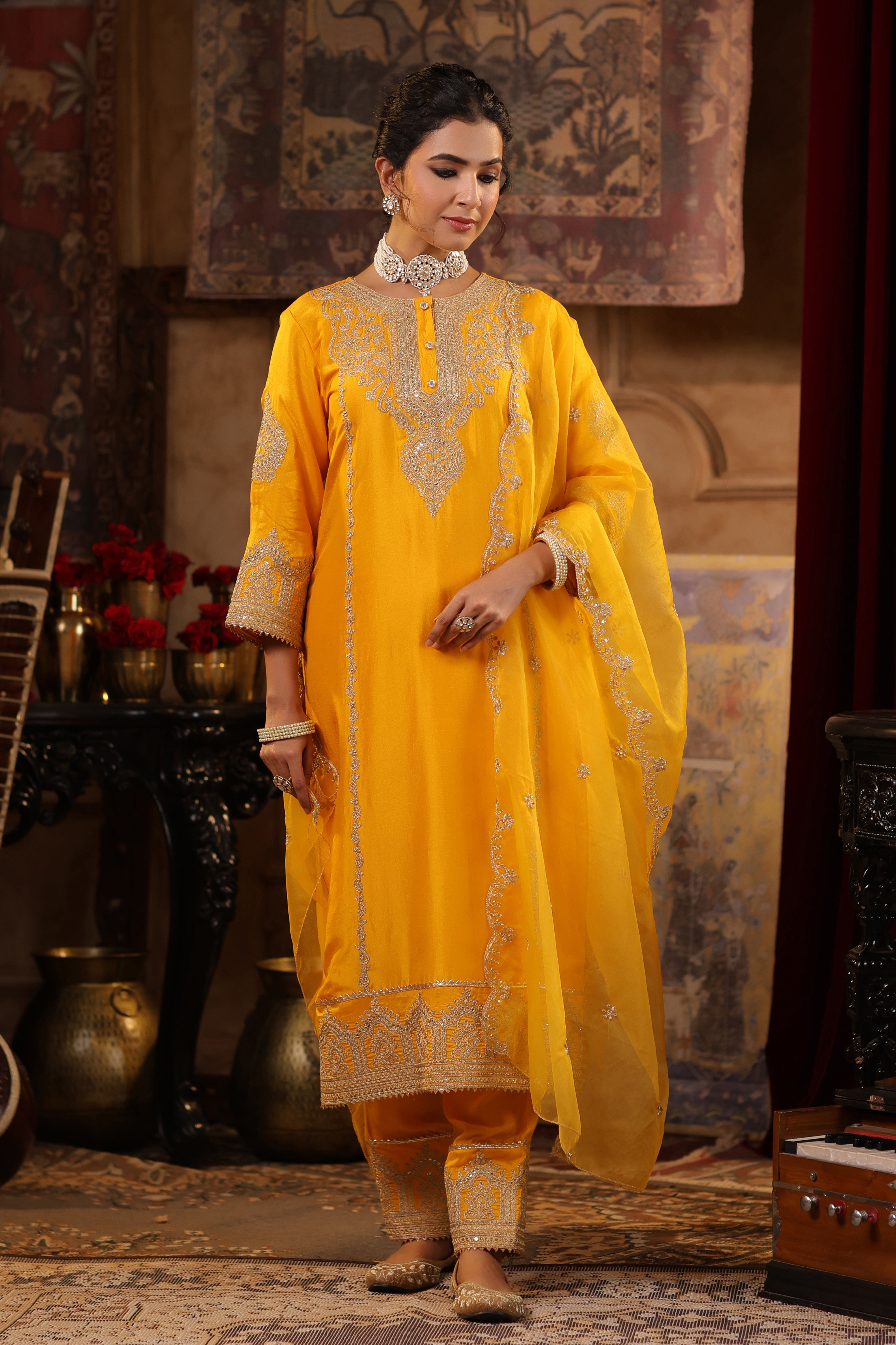 Mustard Dupion Silk Dori-Sequin Embroidered Suit Set