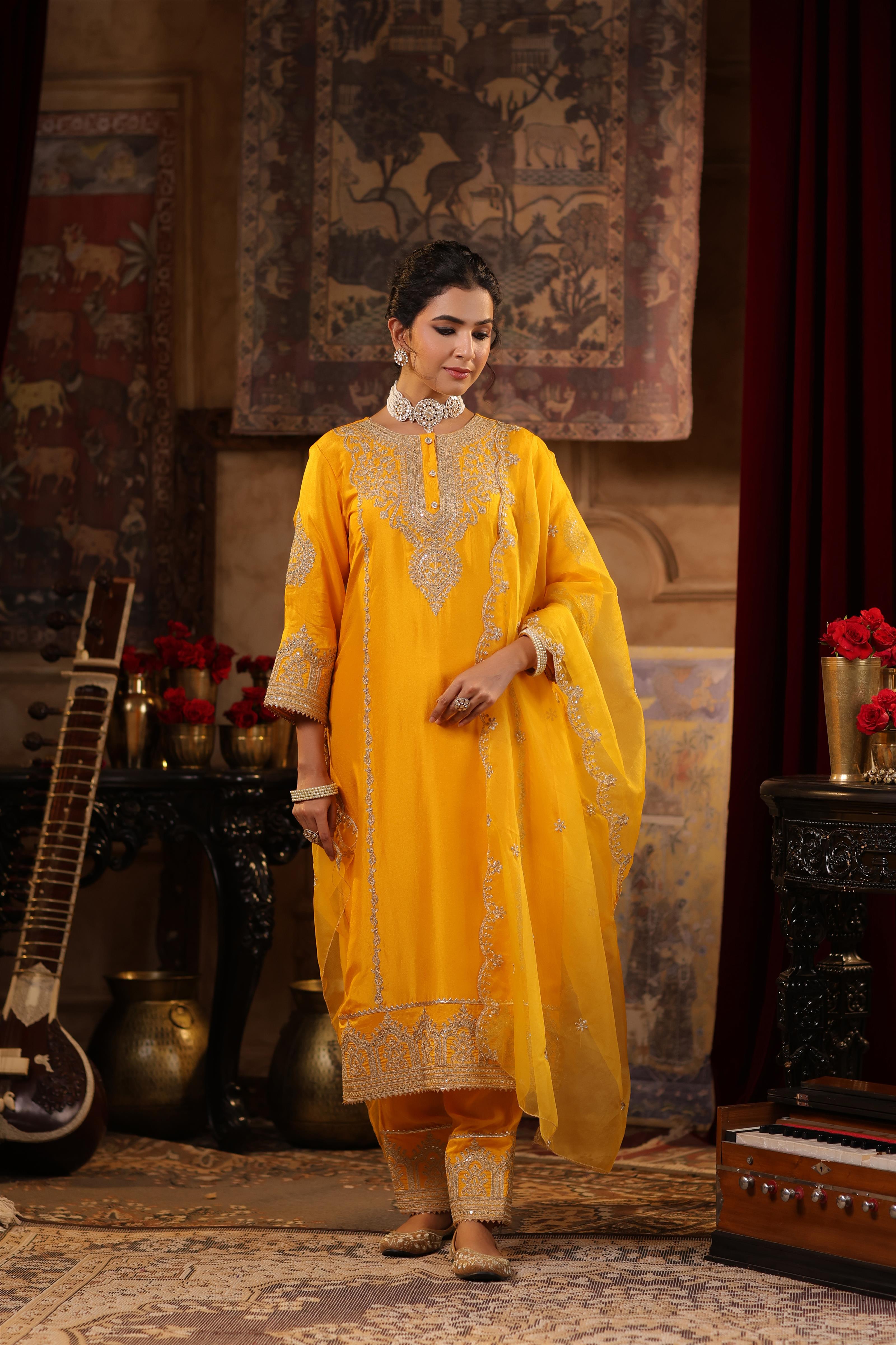 Mustard Dupion Silk Dori-Sequin Embroidered Suit Set