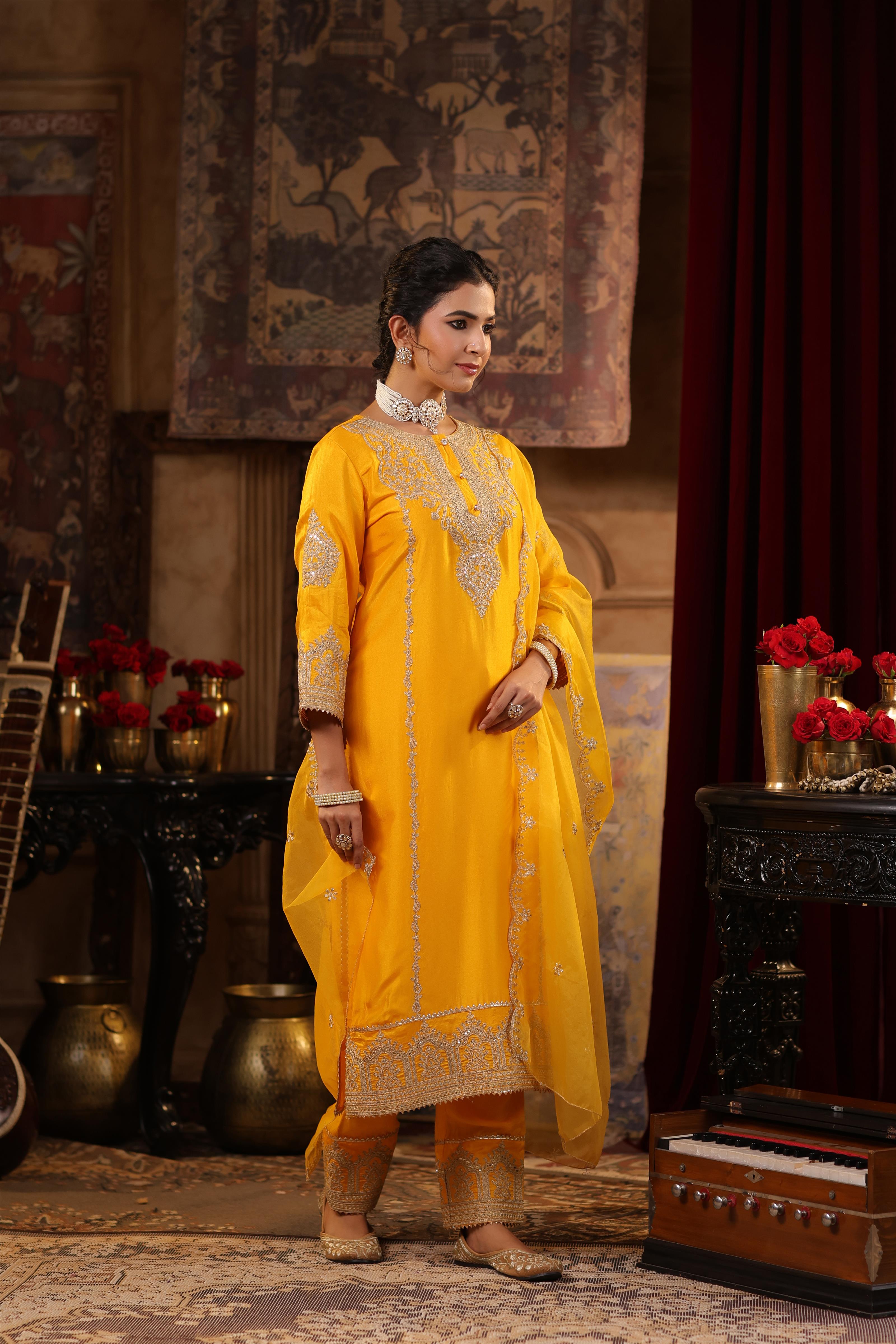 Mustard Dupion Silk Dori-Sequin Embroidered Suit Set