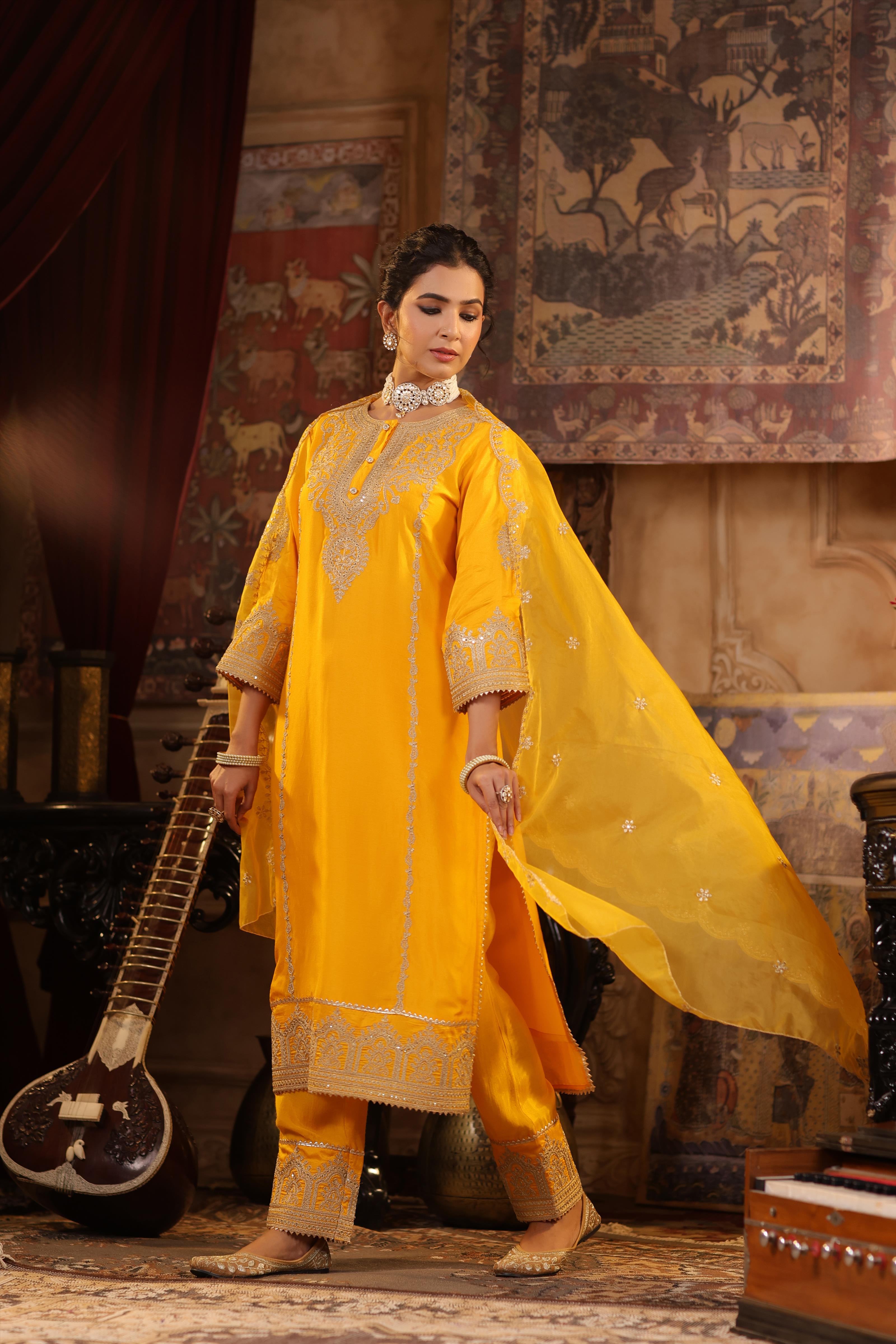 Mustard Dupion Silk Dori-Sequin Embroidered Suit Set