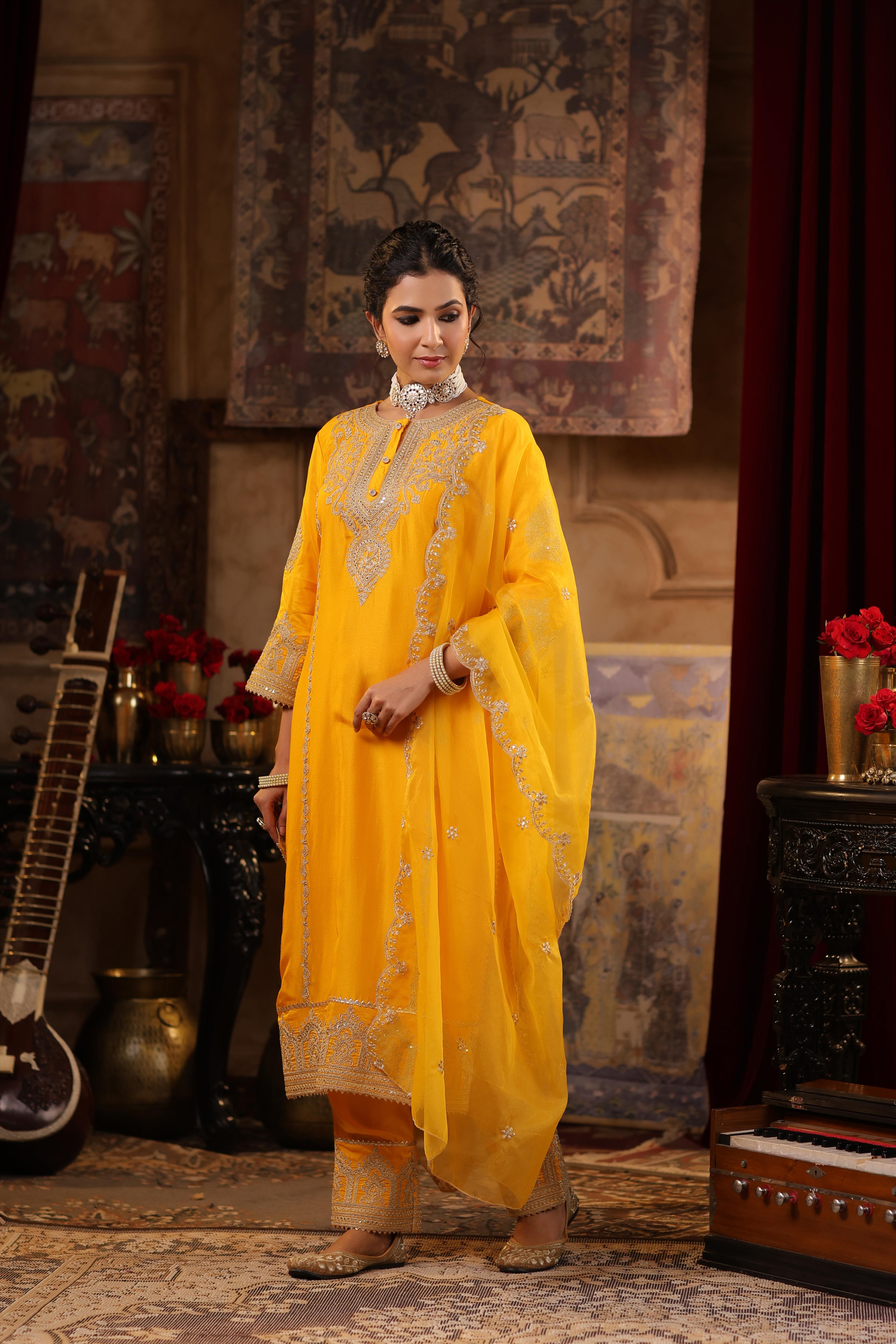 Mustard Dupion Silk Dori-Sequin Embroidered Suit Set