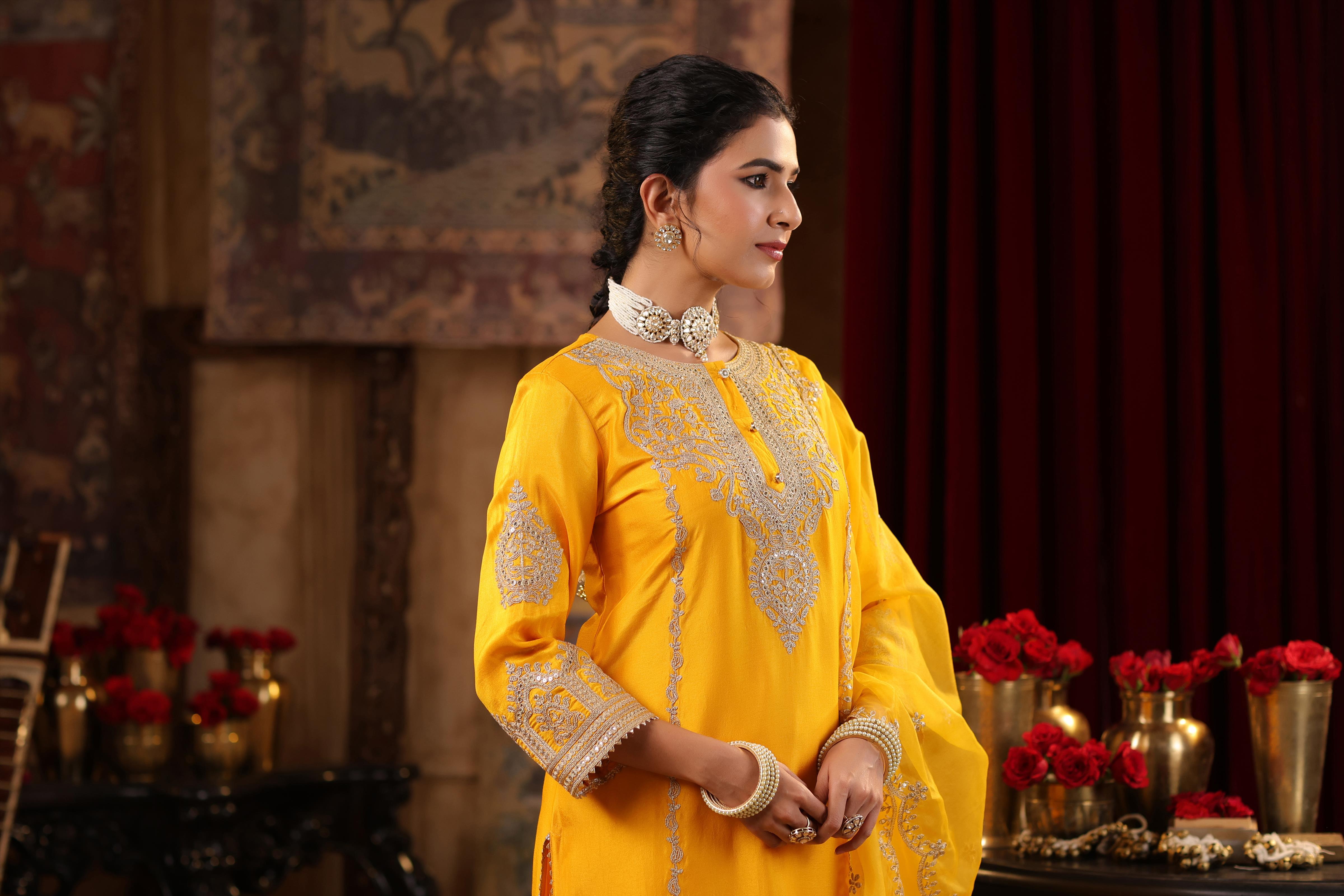 Mustard Dupion Silk Dori-Sequin Embroidered Suit Set