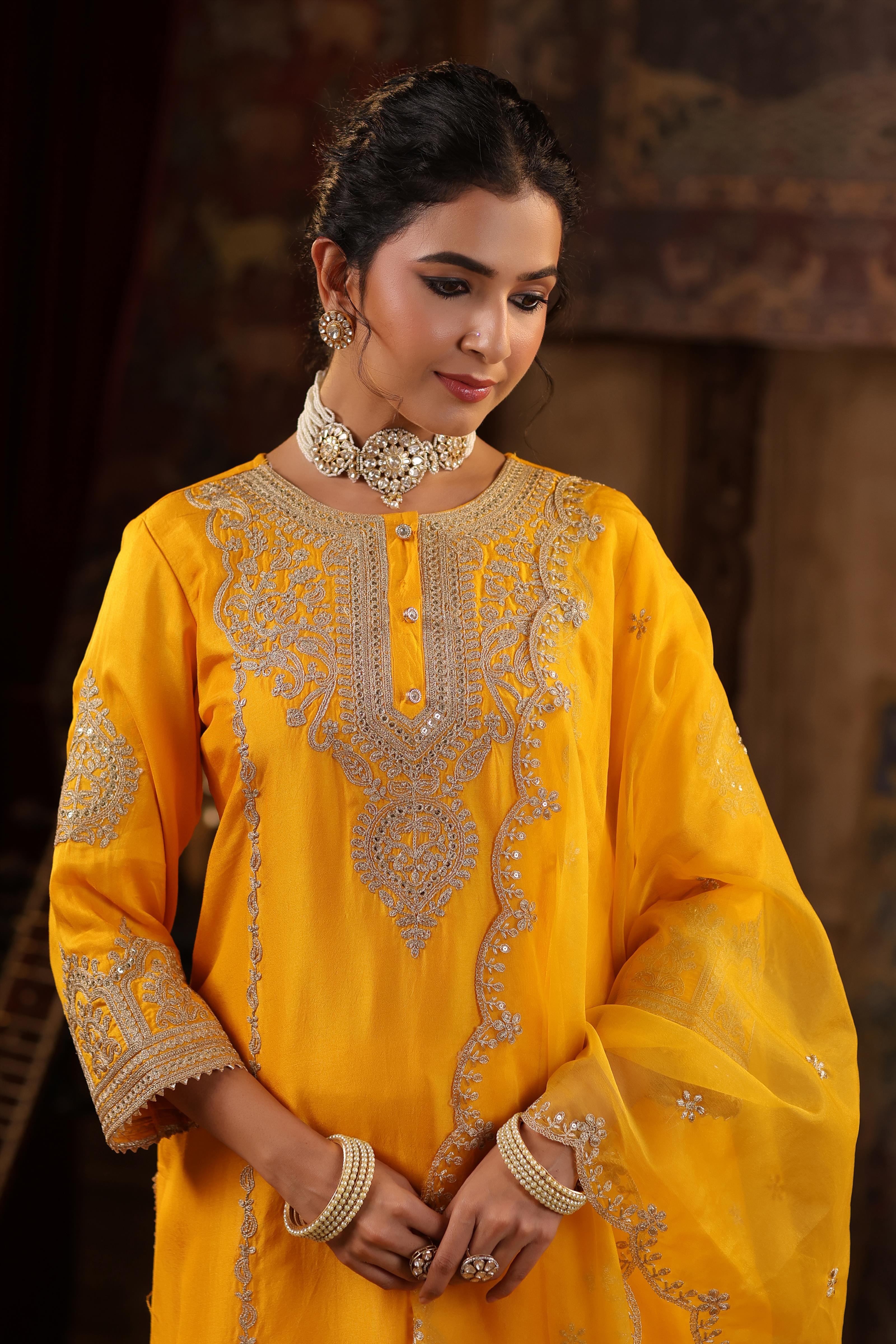 Mustard Dupion Silk Dori-Sequin Embroidered Suit Set