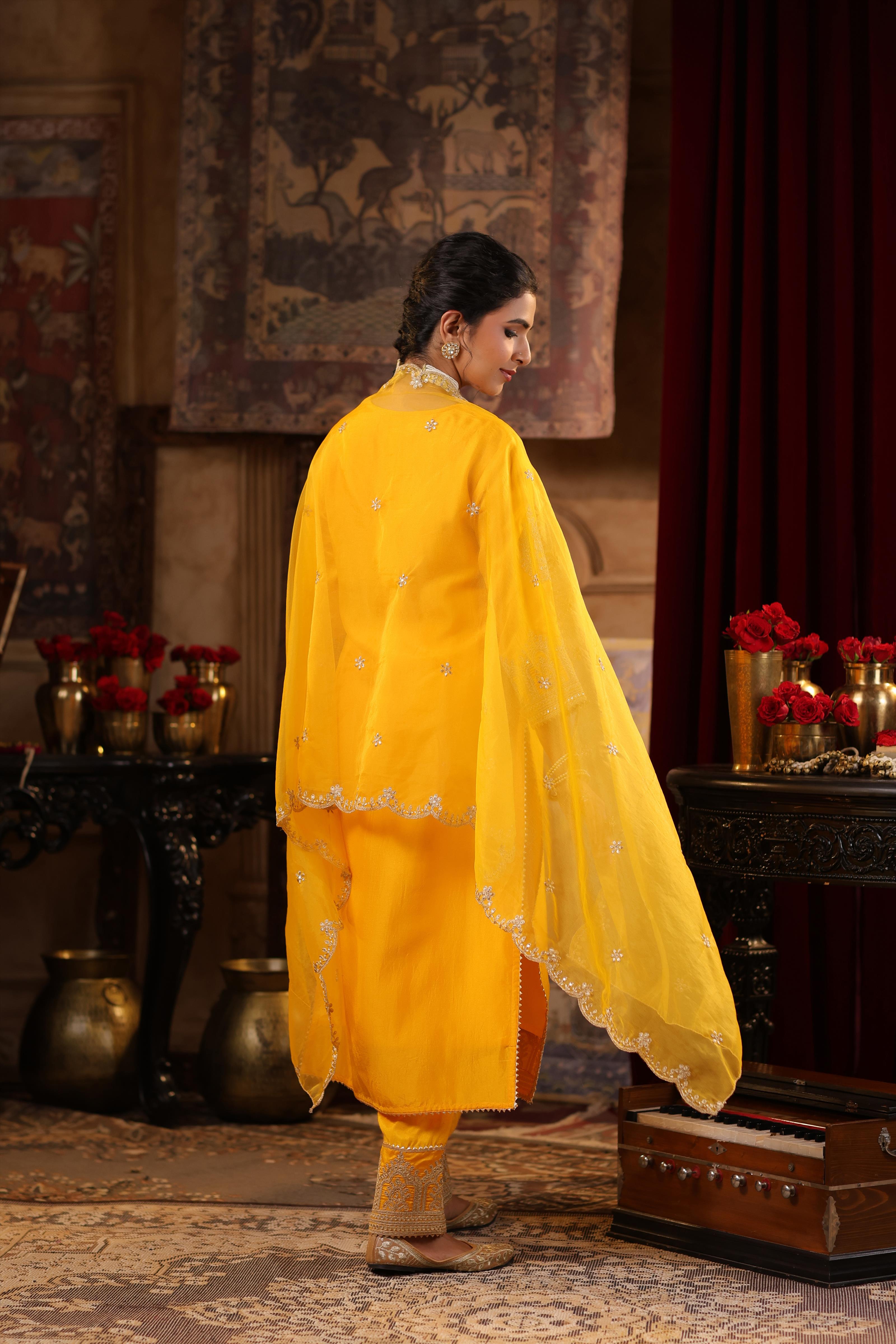 Mustard Dupion Silk Dori-Sequin Embroidered Suit Set